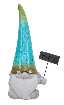 BreeBe - Terra Cotta Garden Gnome Statue with Welcome Sign 24"H - White, Blue, Green