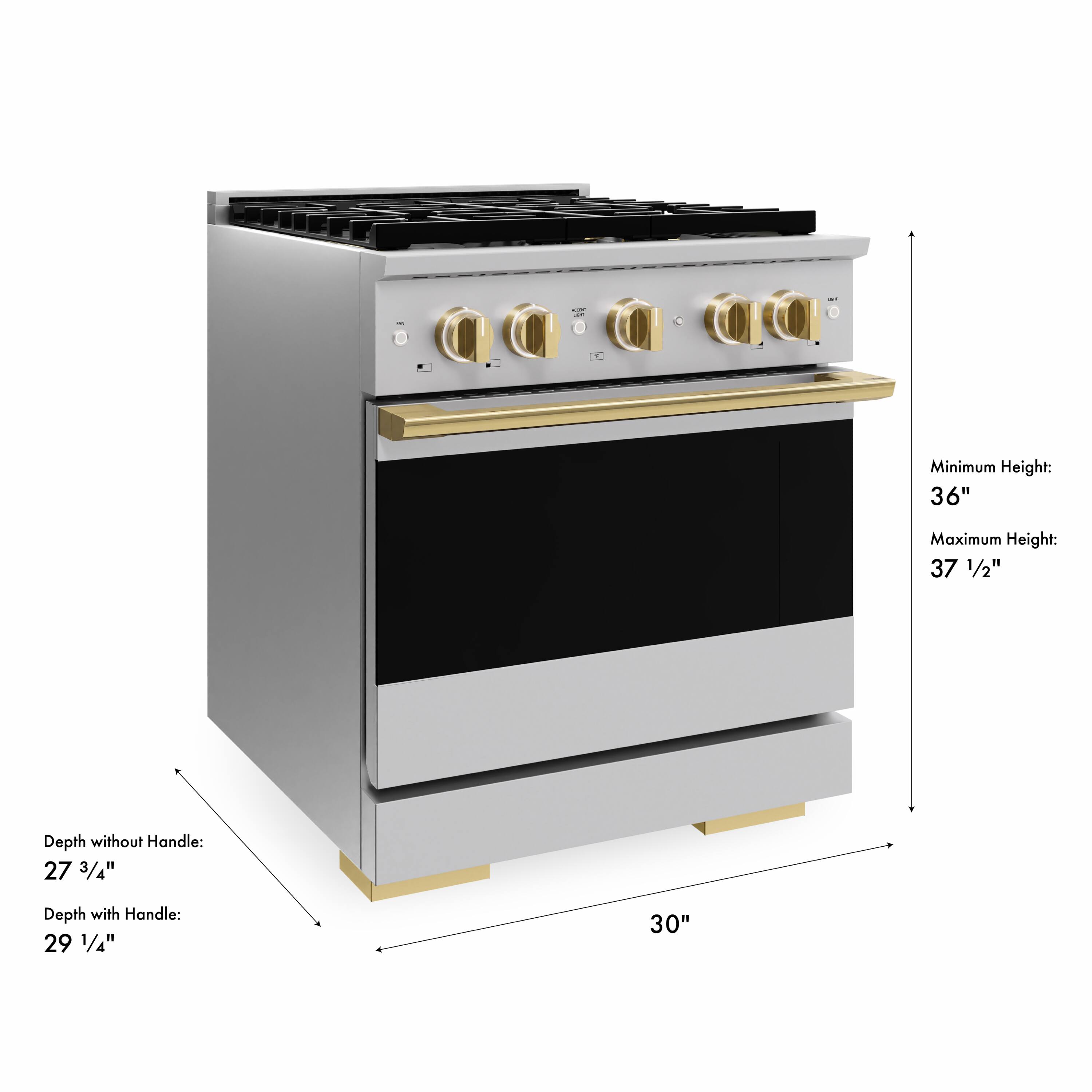 Minimum Height: 36"  
Maximum Height: 37 1/2"  
Depth without Handle: 27 3/4"  
Depth with Handle: 29 1/4"  
Width: 30"