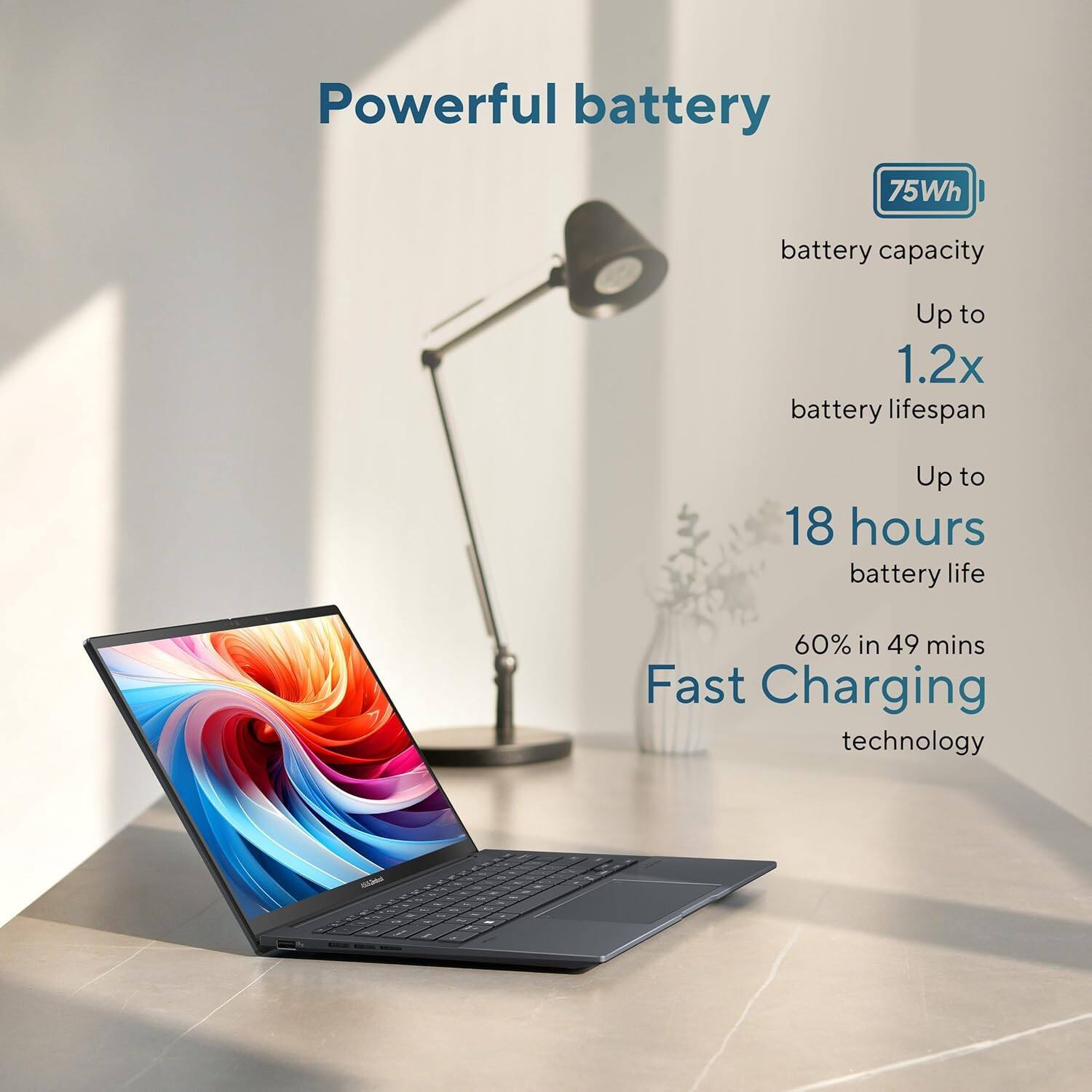 Powerful battery  
75Wh battery capacity  
Up to 1.2x battery lifespan  
Up to 18 hours battery life  
60% in 49 mins  
Fast Charging technology