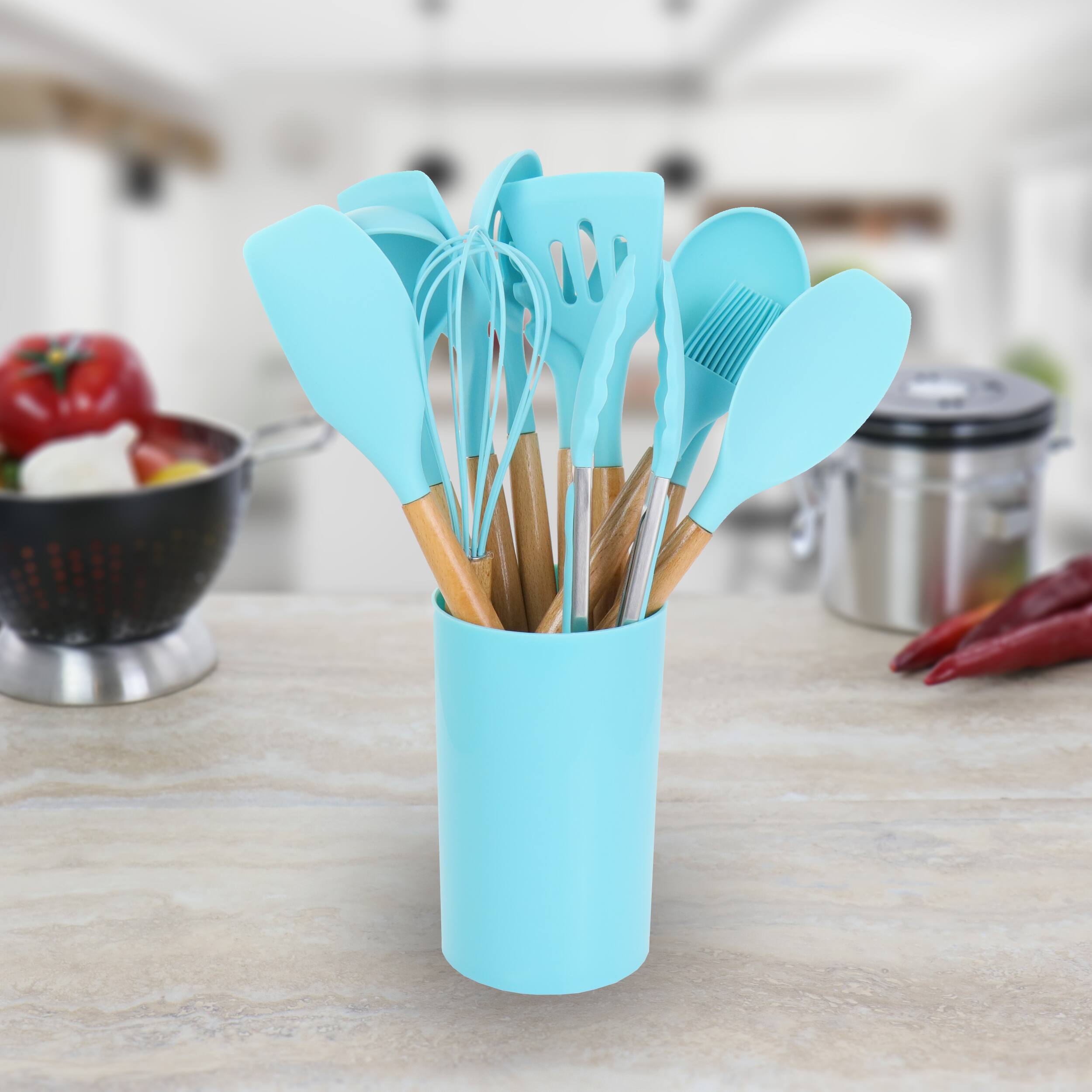 Alt View 4. MegaChef - MegaChef Light Teal Silicone and Wood Cooking Utensils, Set of 12 - Light Teal.