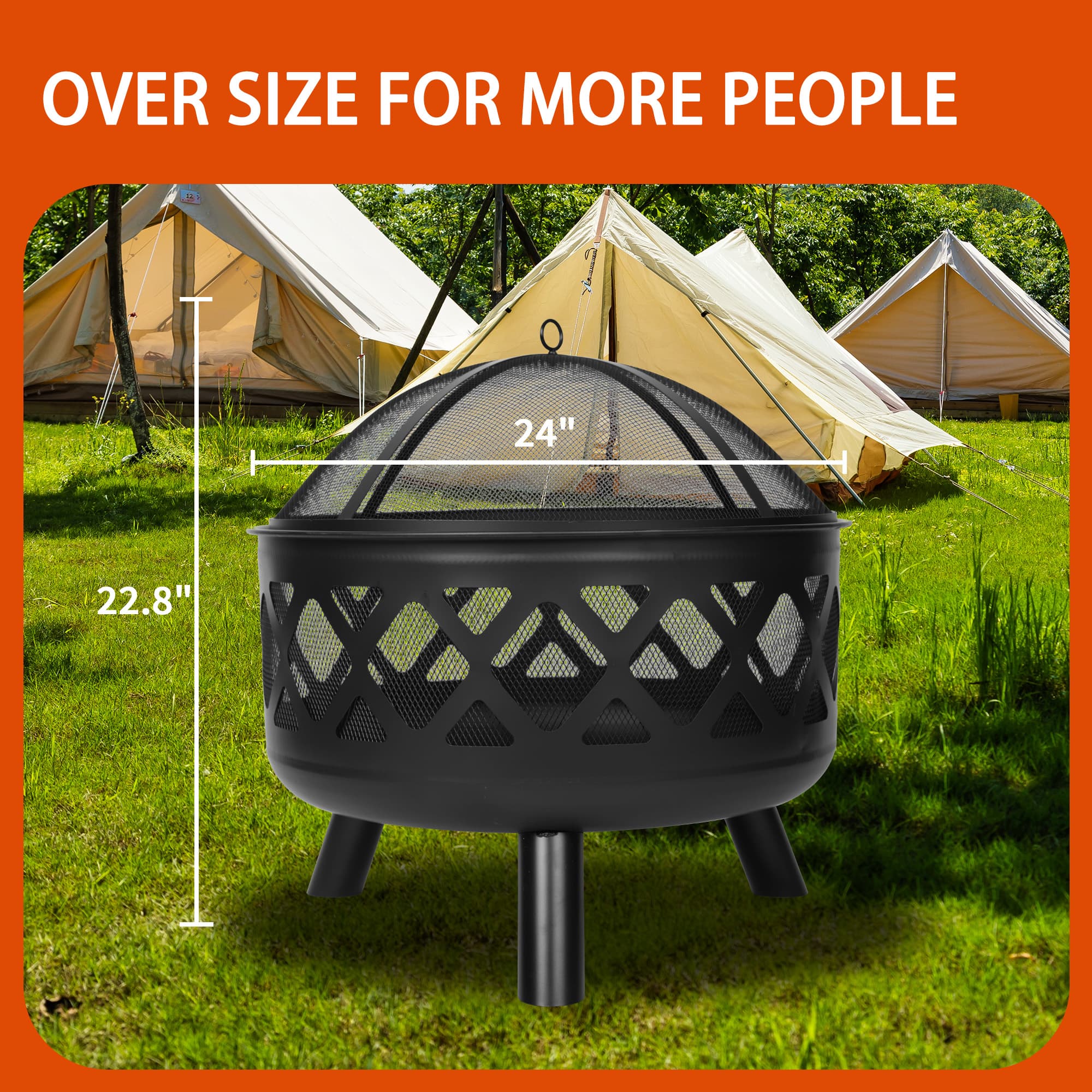 The text on the image reads "OVER SIZE FOR MORE PEOPLE 24" 22.8". This suggests that the object, which is a large black grill, is designed to accommodate more people than a standard-sized grill. The grill is shown in front of a tent, indicating that it is suitable for outdoor gatherings and events. The dimensions provided, 24" and 22.8", likely refer to the grill's width and height, respectively.
