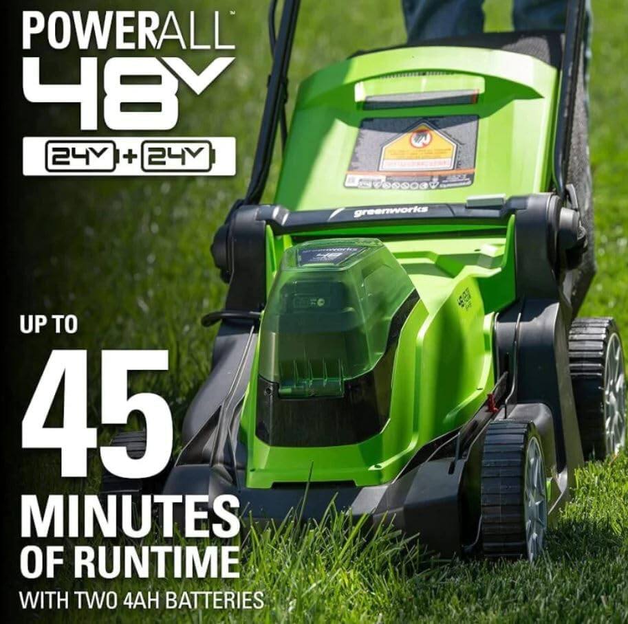 POWERALL 48 24V + 24V

greenworks

UP TO 45 MINUTES OF RUNTIME WITH TWO 4AH BATTERIES