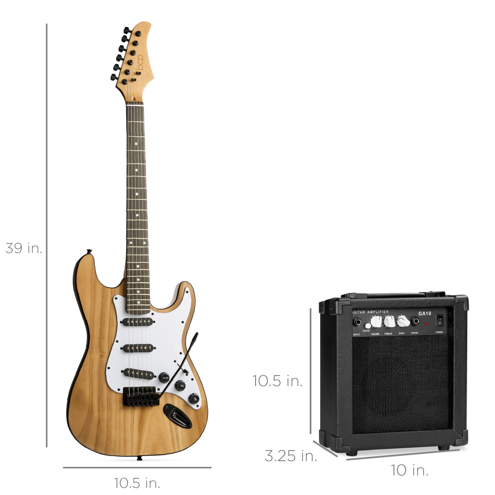 - Guitar: 39 in. (height), 10.5 in. (width), 10.5 in. (depth)
- Amplifier: 10.5 in. (height), 10 in. (width), 3.25 in. (depth)
