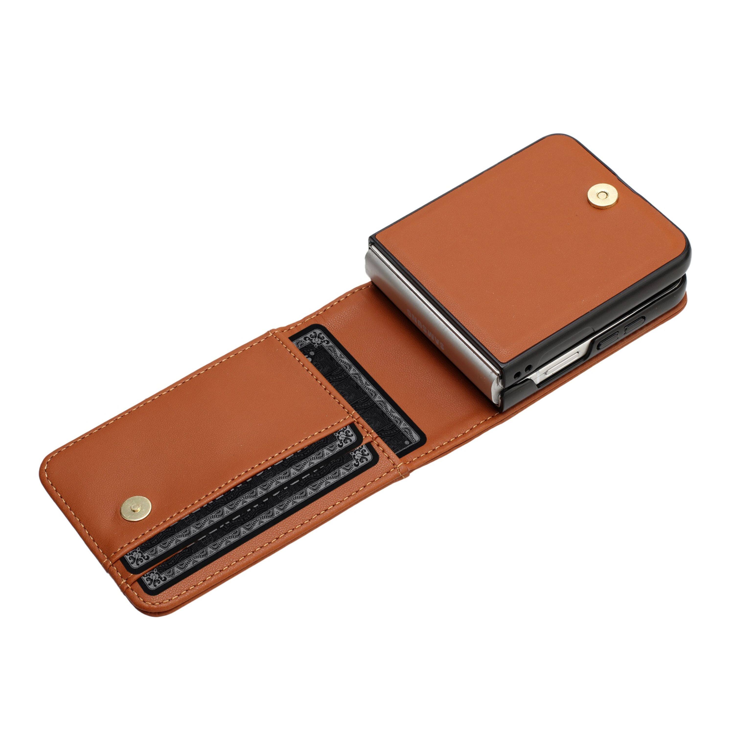 Left. Kitcheniva - Vegan Leather Phone Wallet Case For Samsung Galaxy Z Flip 6 Brown - Brown.