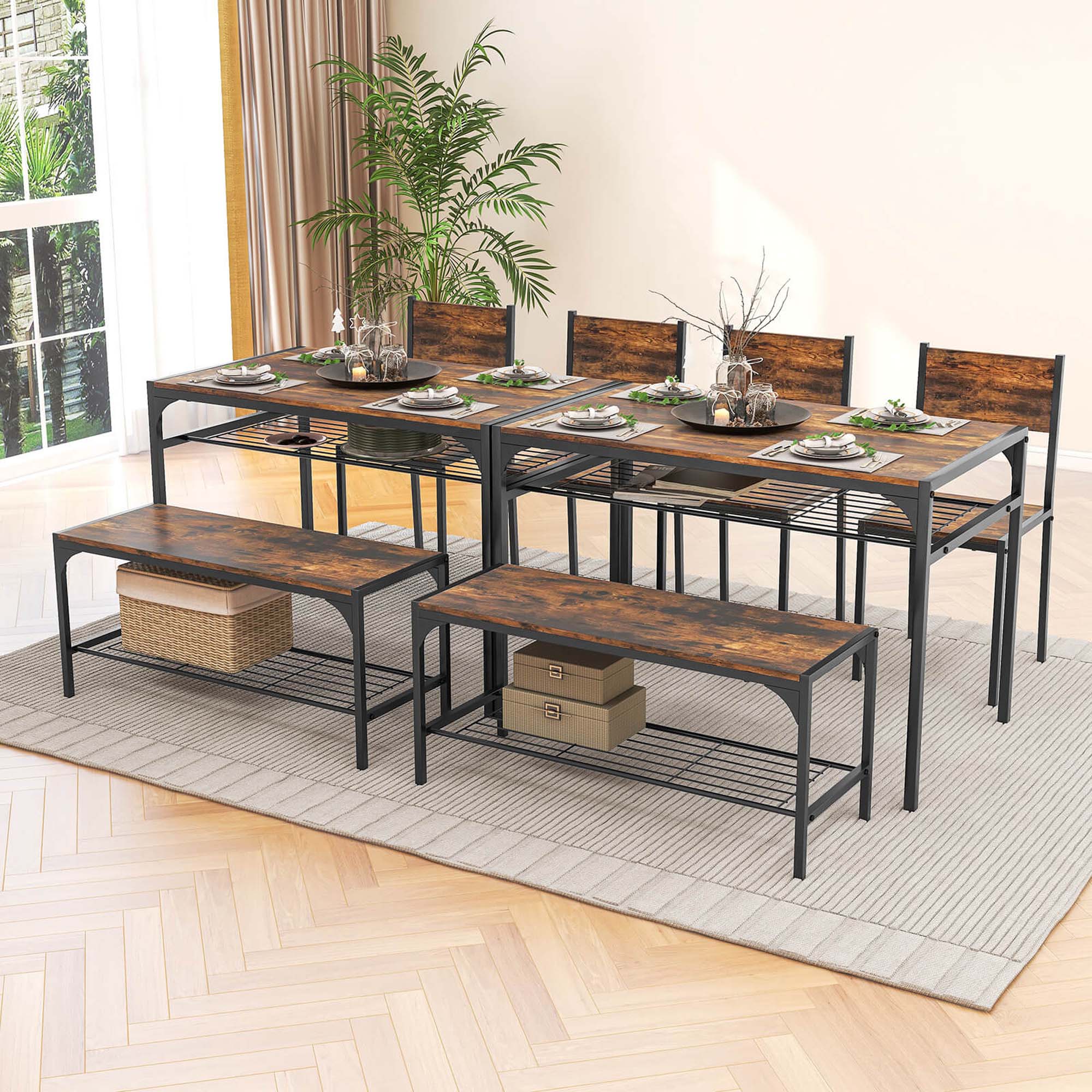 Alt View 12. Costway - Dining Table Set for 4 Rectangular Table with 2 Chairs, 1 Bench, Storage Racks Rustic Brown - Rustic Brown.
