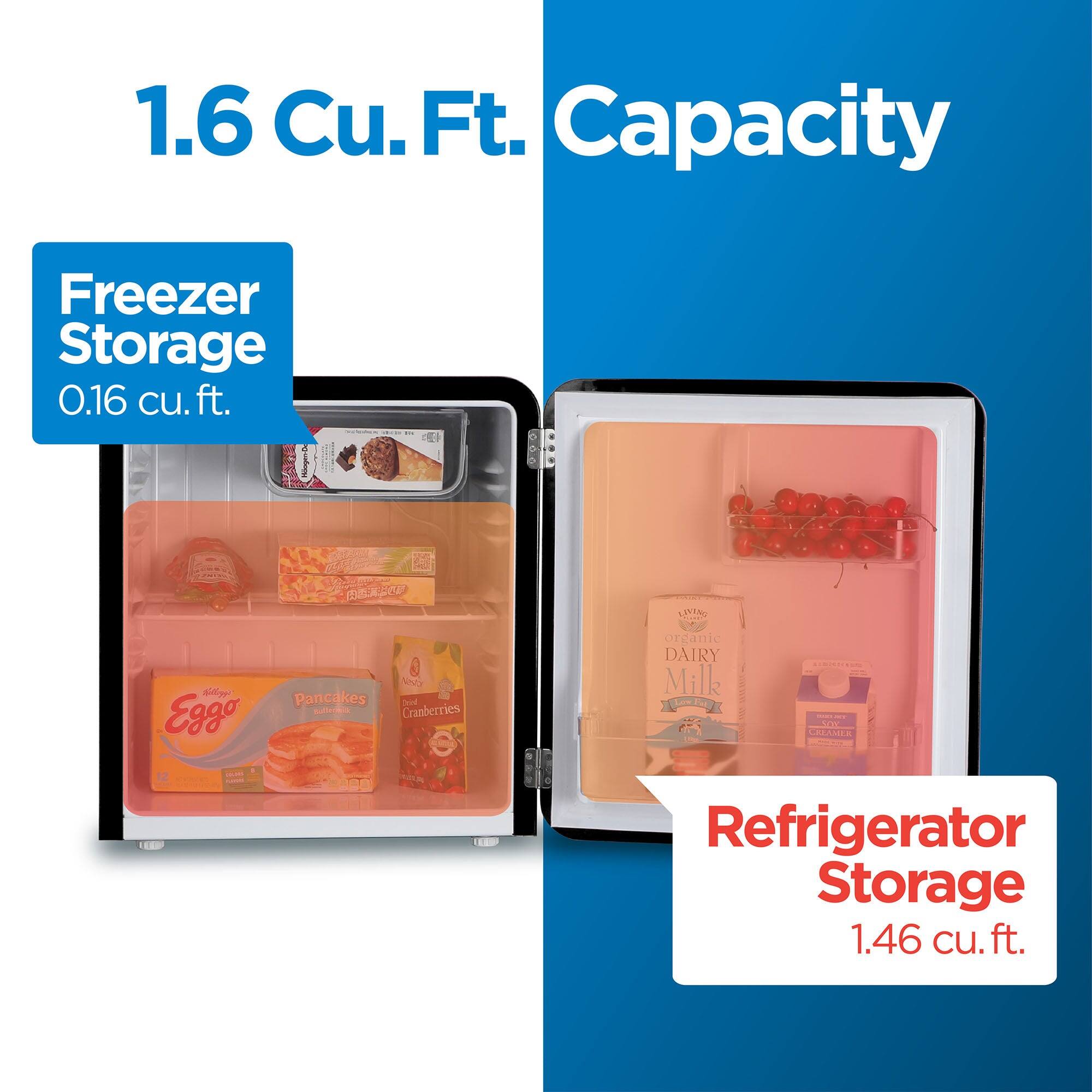1.6 Cu. Ft. Capacity
Freezer Storage 0.16 cu. ft.
Minge-C FNL BIN
Ego NNO Pancakes Teod - Cranterries orsanic DAIRY Milk
Refrigerator Storage 1.46 cu. ft.