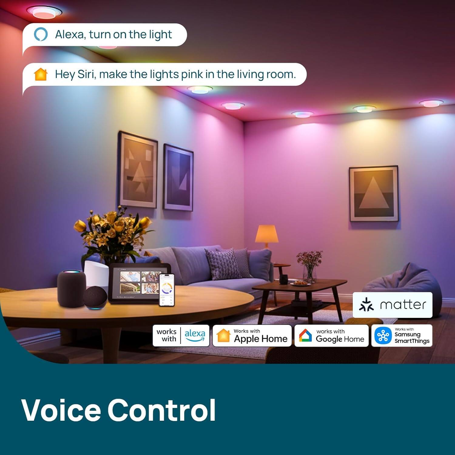 Alexa, turn on the light  
Hey Siri, make the lights pink in the living room.  

matter works with Alexa  
Works with Apple Home  
Works with Google Home  
Works with Samsung SmartThings  

Voice Control