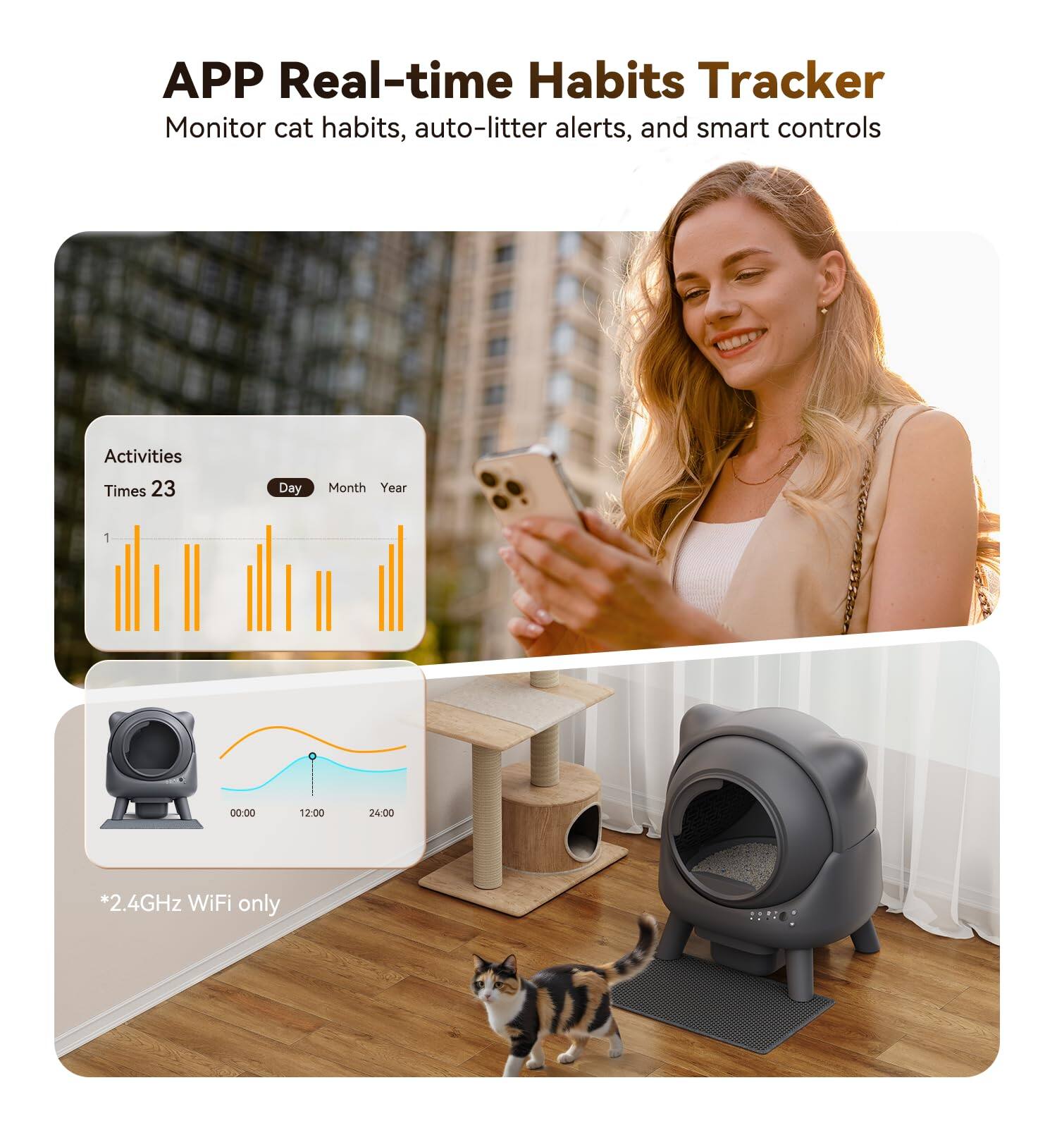 APP Real-time Habits Tracker  
Monitor cat habits, auto-litter alerts, and smart controls  

Activities  
Times 23  
Day Month Year  

*2.4GHz WiFi only
