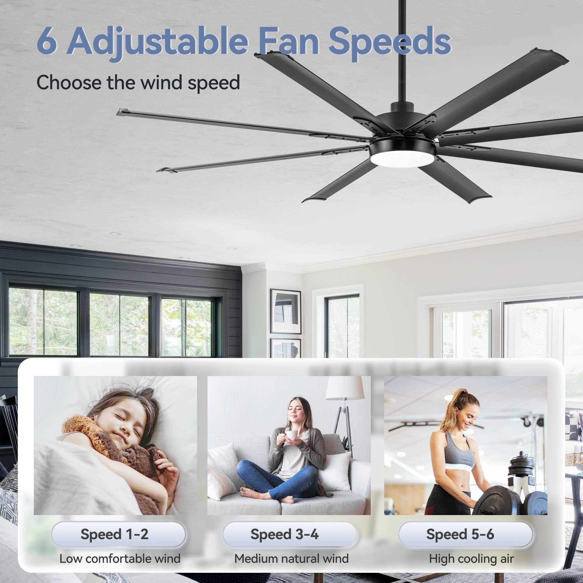 6 Adjustable Fan Speeds

Choose the wind speed

Speed 1-2 Low comfortable wind

Speed 3-4 Medium natural wind

Speed 5-6 High cooling air