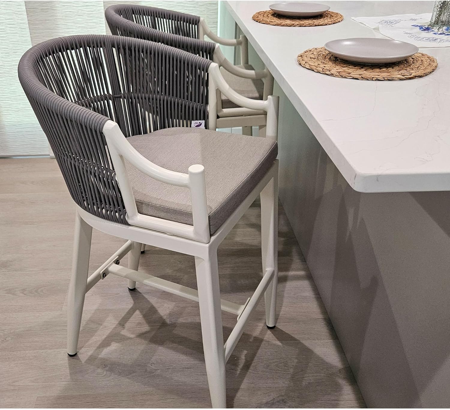 Alt View 1. PURPLE LEAF - Patio Counter Height Set of 2 Outdoor Rattan Chairs with Back Modern Aluminum Woven Barstools for Garden Indoor Kitchen - White-Counter Stool.