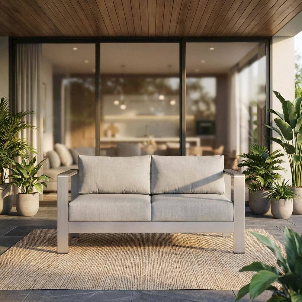Angle. Outdoor Escape - Aluminum Outdoor Loveseat With Sunbrella Fabric Cushions For Patio Relaxation - Gray.