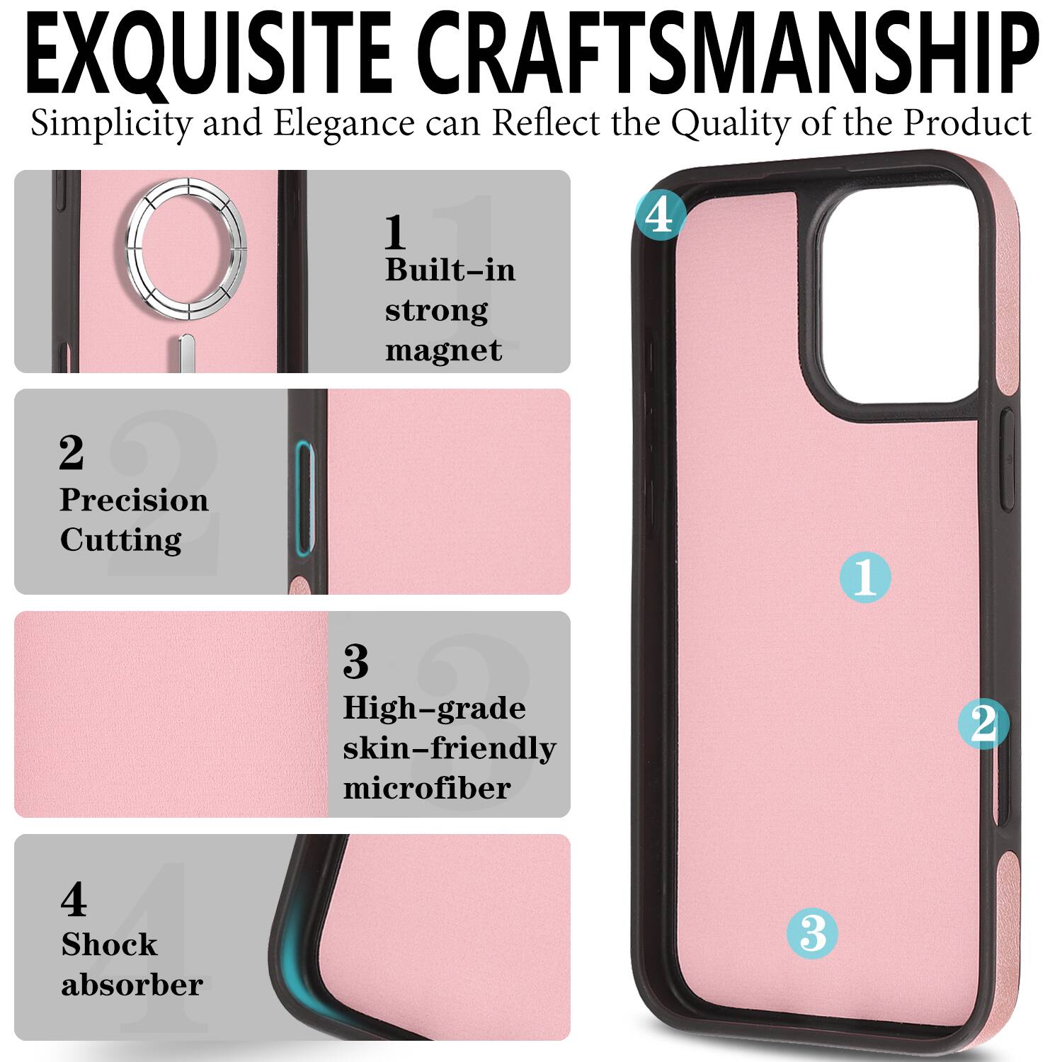 EXQUISITE CRAFTSMANSHIP  
Simplicity and Elegance can Reflect the Quality of the Product  

1. Built-in strong magnet  
2. Precision Cutting  
3. High-grade skin-friendly microfiber  
4. Shock absorber