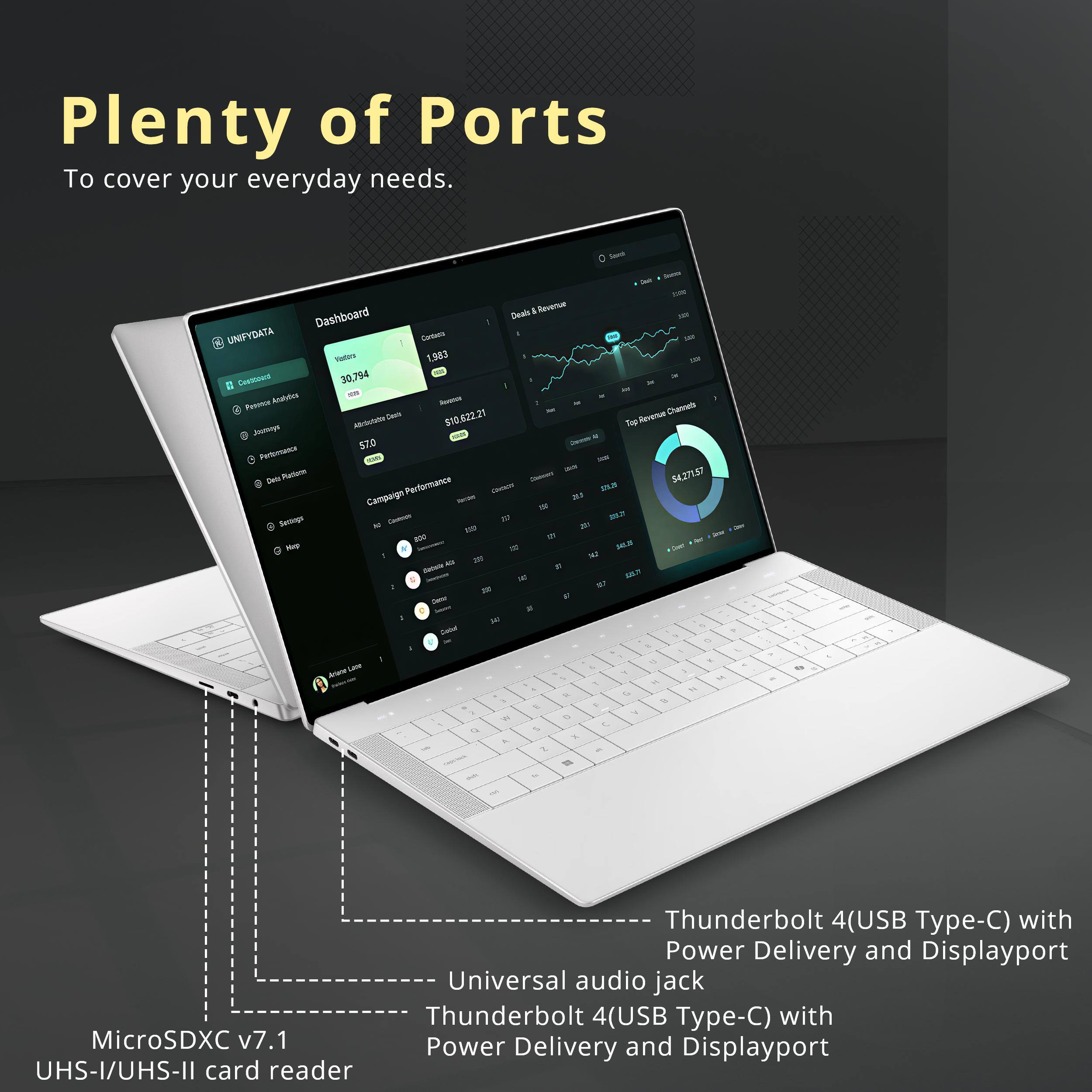 Plenty of Ports  
To cover your everyday needs.

Sporcial - 2017 ner Deals Revenue SBV Dashboard UNIFYDATA Contacts : SAT Ristry 1,583 use Cestrood 30,794 All Analytics S Penence Avenue M Channets Cash $10.622.21 Revenue Joannoys Albotatatte Top 57.0 Saxish Pertorrace (COOL -  Don Platem Dienments $4,271.57 Campaign Performance nacom CHICKEN 201 575.25 Sectage Cookies minute 2027 220 BOO  Hop $40.25 PM Coun 201 147 40 of - 530.77 140 12.7 Ceno

Thunderbolt 4(USB Type-C) with Power Delivery and Displayport Universal audio jack Thunderbolt 4(USB Type-C) with MicroSDXC v7.1 Power Delivery and Displayport UHS-I/UHS-II card reader