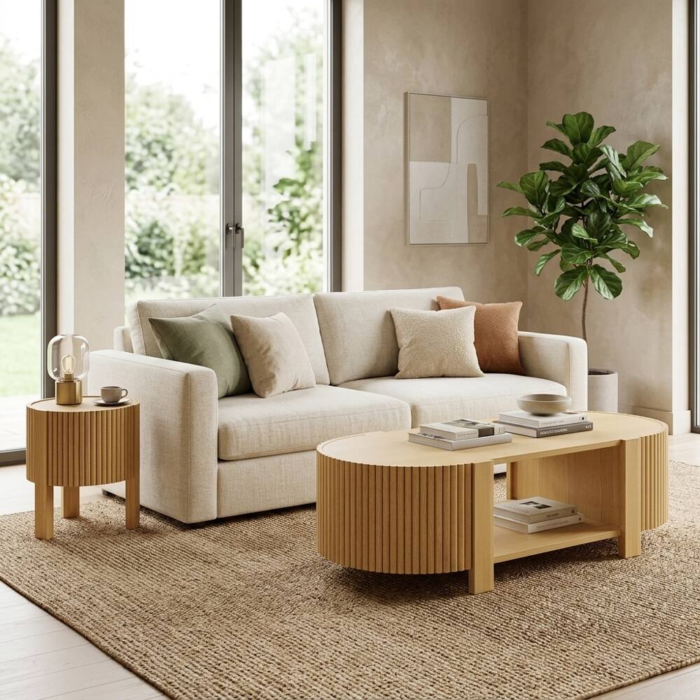 Angle. Loheer - Loheer 2 Piece Solid Wood Coffee Table Set Natural Modern Oval Living Room Table Set with Soft-Close Doors 47 Inch - Natural.