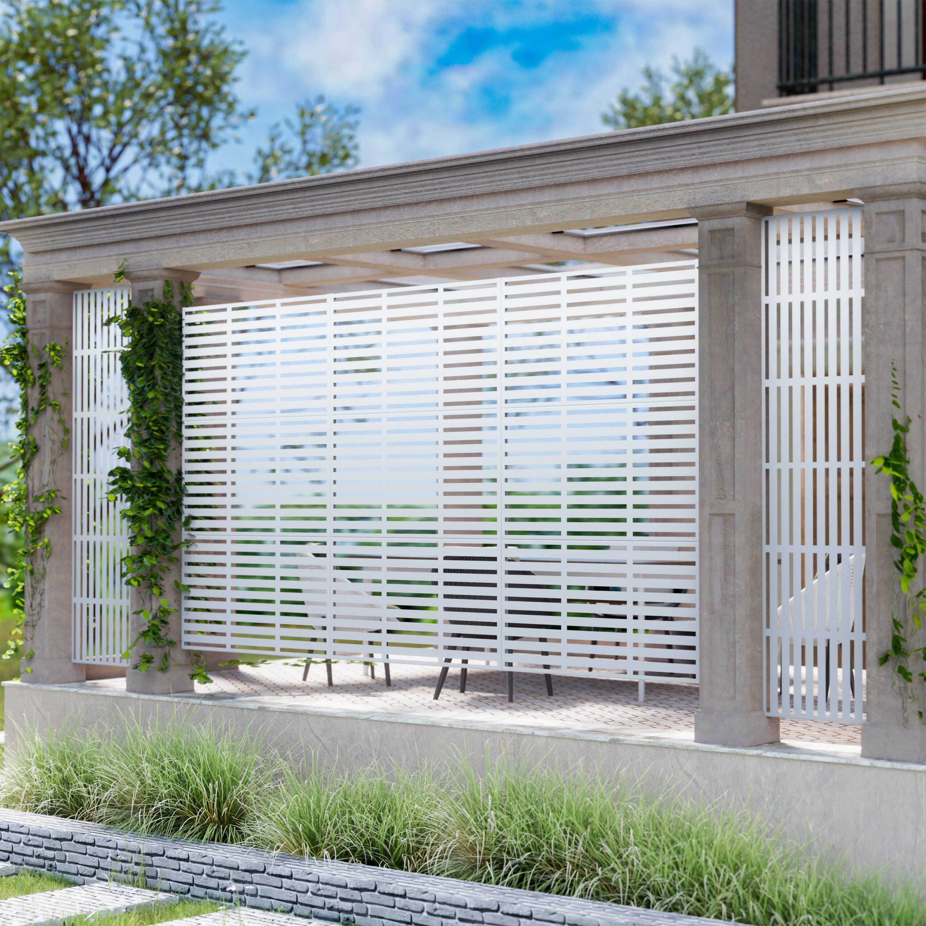 Alt View 3. PexFix - 72 in. x 47 in. Adams Pattern Metal Outdoor Privacy Screen & Panels, Freestanding Garden Divider Fence - White.