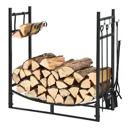 SKONYON - Heavy Duty Firewood Rack with Fireplace Tool Set Shovel Poker Tongs Brush and Dual Shelves - Black
