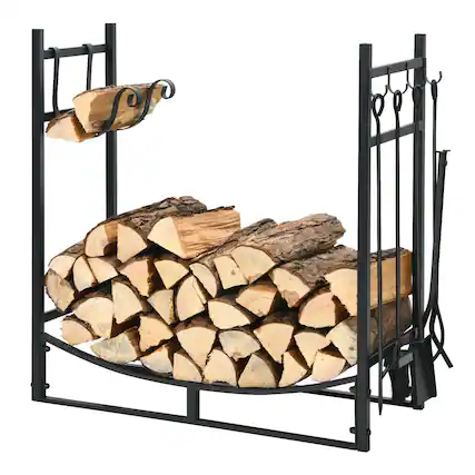 Front. SKONYON - Heavy Duty Firewood Rack with Fireplace Tool Set Shovel Poker Tongs Brush and Dual Shelves - Black.
