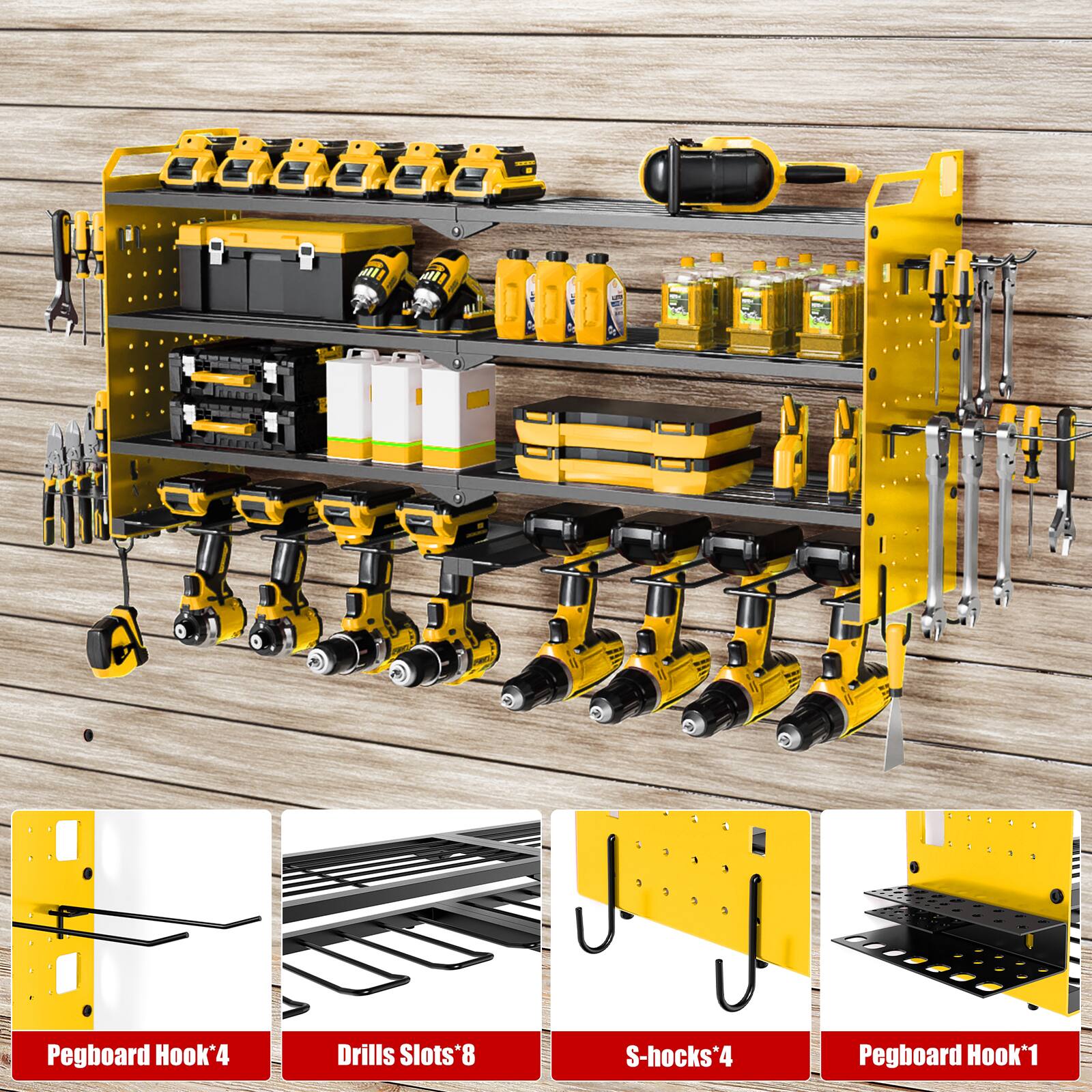 - Pegboard Hook*4
- Drills Slots*8
- S-hocks*4
- Pegboard Hook*1