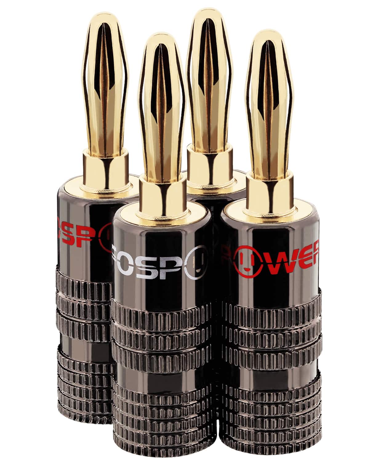 FosPower - Banana Plugs 2 Pairs / 4 pcs, Closed Screw 24K Plated Banana Speaker Plug Connectors for Speaker Wire, Wall Plate - Gold