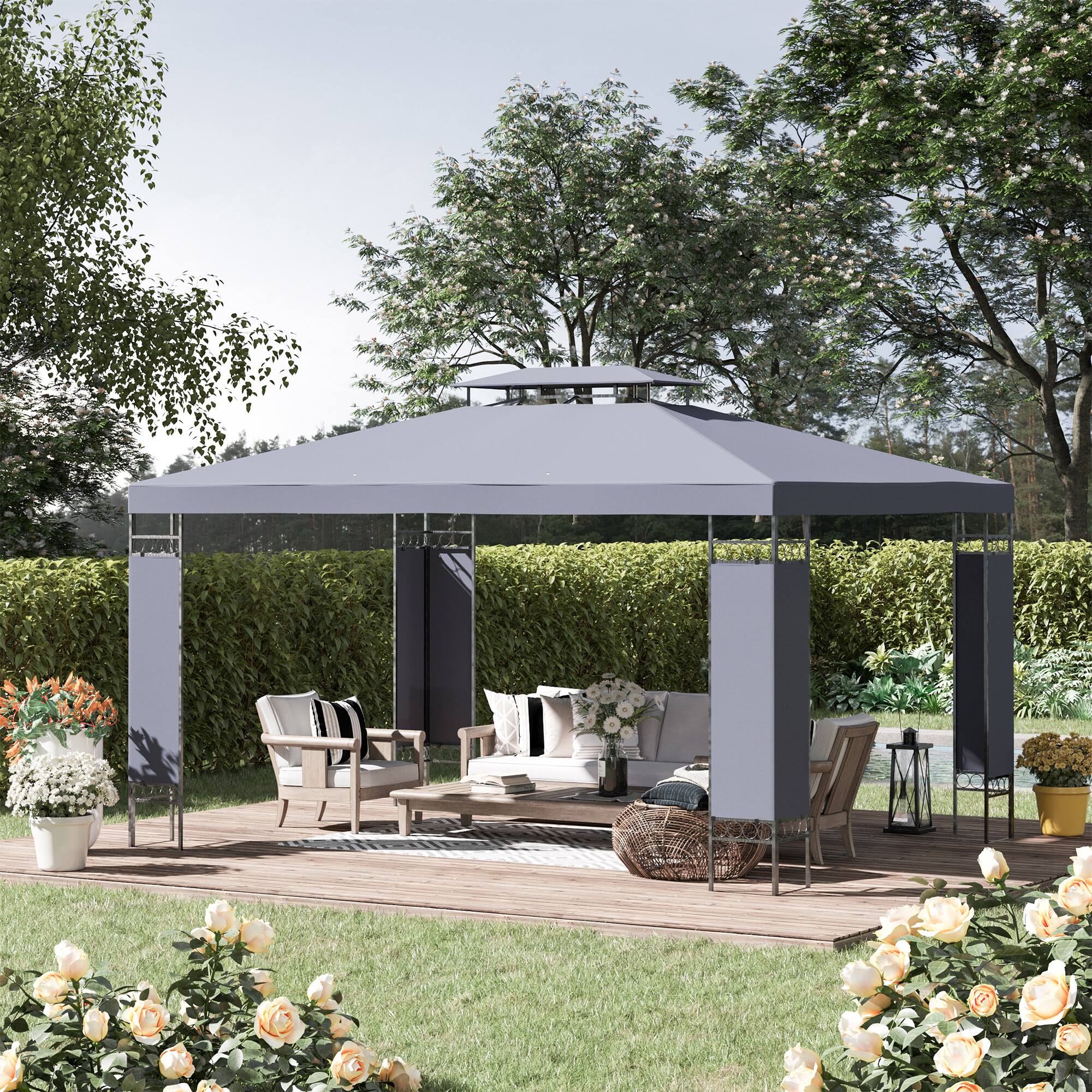 Angle. Outsunny - 10' x 13' Patio Gazebo, Double Roof Outdoor Gazebo Canopy Shelter with Screen Decorate Corner Frame - Grey.