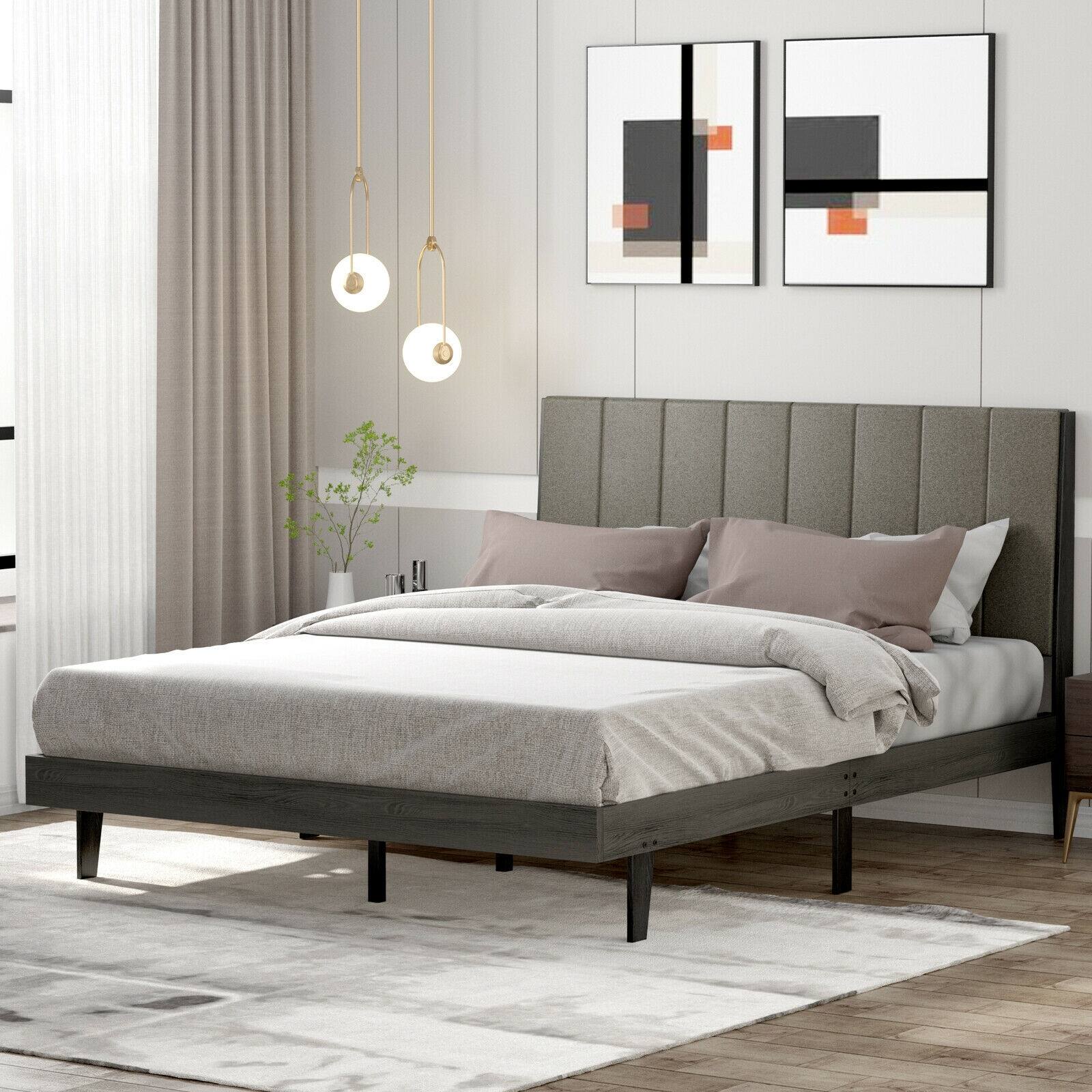Angle. Sugift - Queen Size Upholstered Bed Frame with Tufted Headboard - Grey.