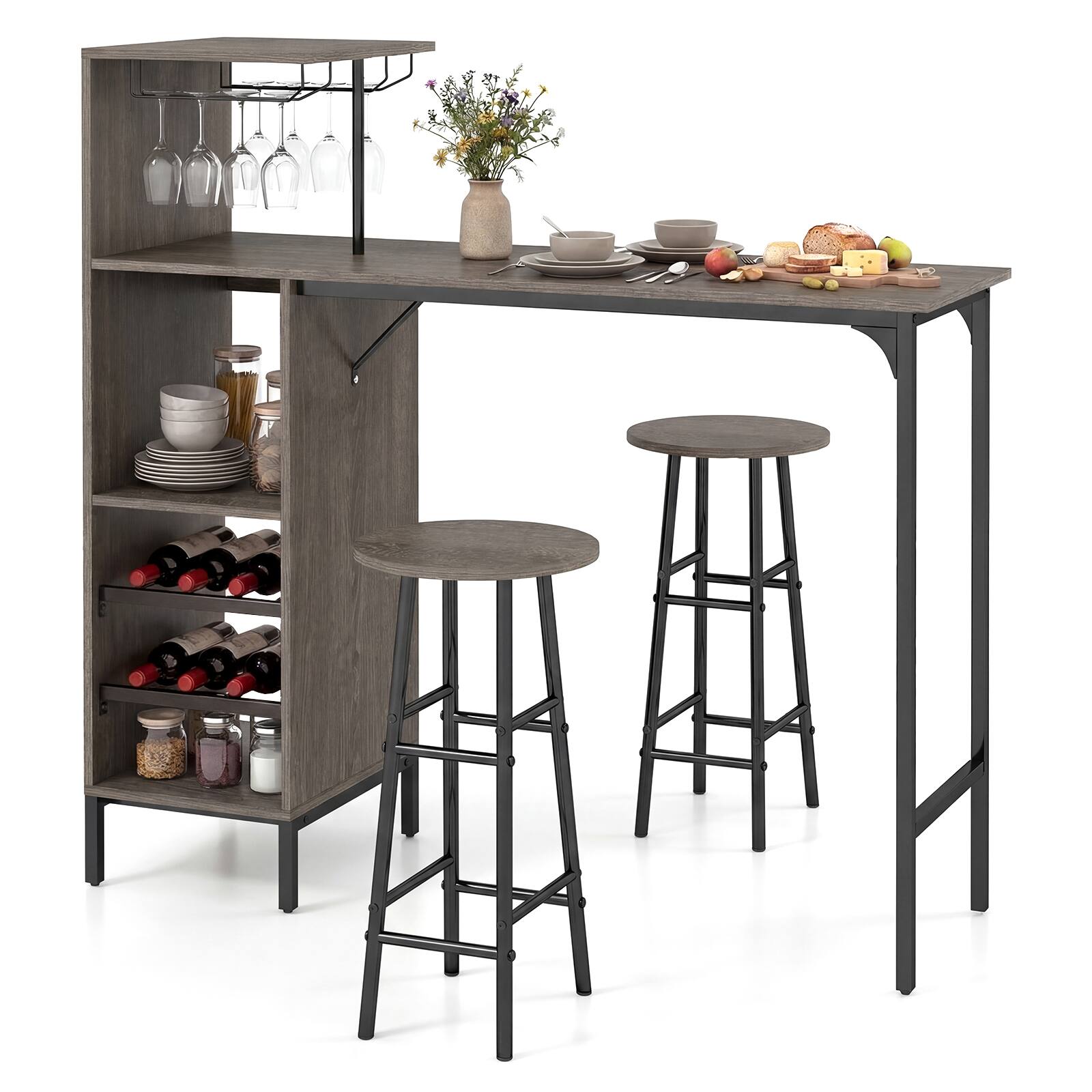 Front. Costway - Costway 3 PCS Bar Table and Chairs Set Industrial Pub Table & Stools with Bottle Wine Rack - Oak.