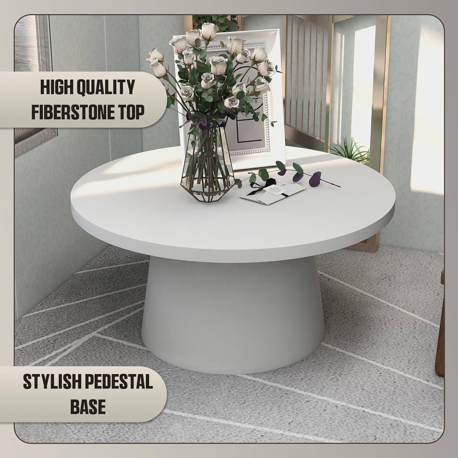 HIGH QUALITY FIBERSTONE TOP  
STYLISH PEDESTAL BASE