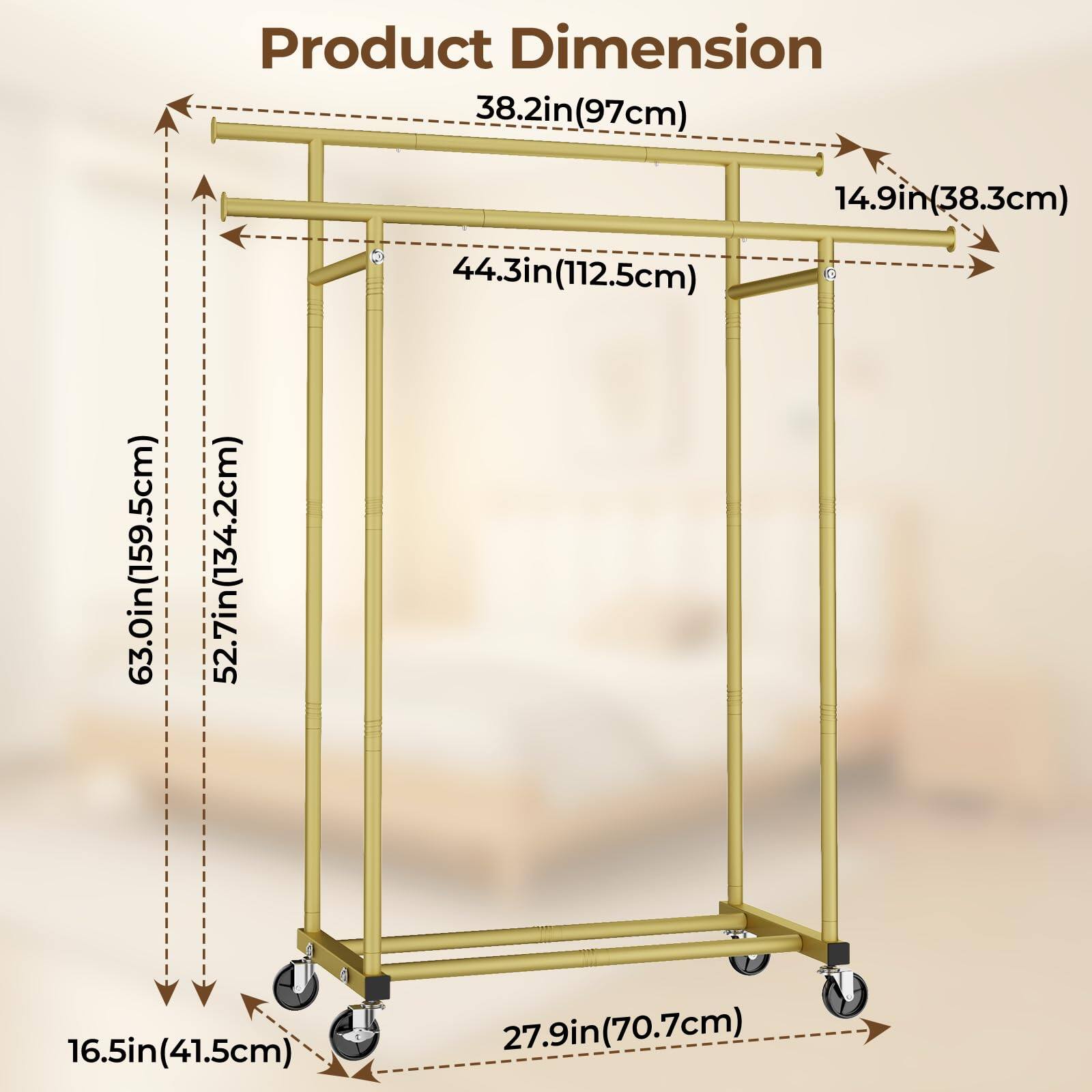 Product Dimension

- Length: 38.2in (97cm)
- Width: 63.0in (159.5cm)
- Height: 44.3in (112.5cm)
- Shelf Depth: 14.9in (38.3cm)
- Shelf Spacing: 16.5in (41.5cm)
- Wheel Base: 27.9in (70.7cm)
- Overall Height: 63.0in (159.5cm)
- Overall Width: 52.7in (134.2cm)
- Overall Depth: 44.3in (112.5cm)