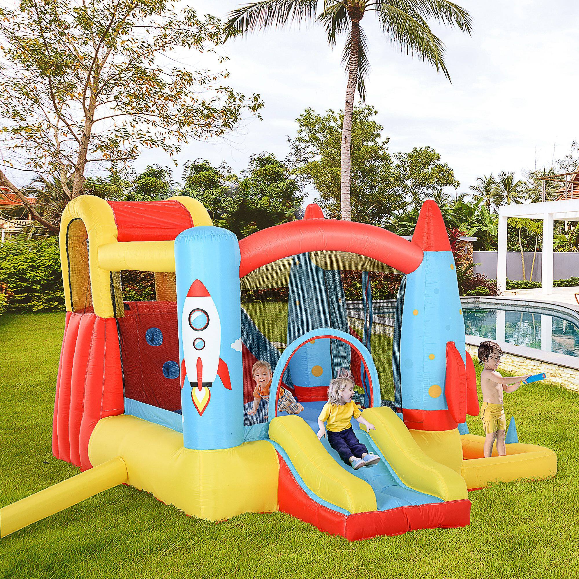 Angle. Outsunny - Kids Bounce House, Rocket Inflatable Water Slide, Jumping Castle, 2 Slides, Climbing Wall, Trampoline, Water Pool Area.