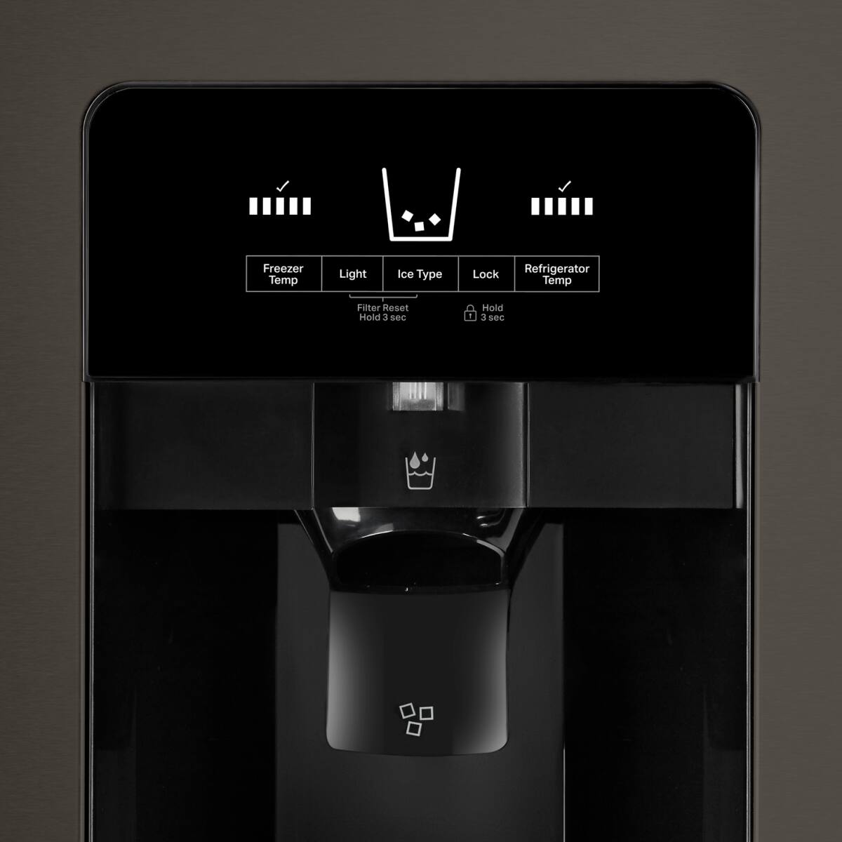 Freezer Temp  
Light  
Ice Type  
Lock  
Refrigerator Temp  

Filter Reset  
Hold 3 sec  

Hold 3 sec