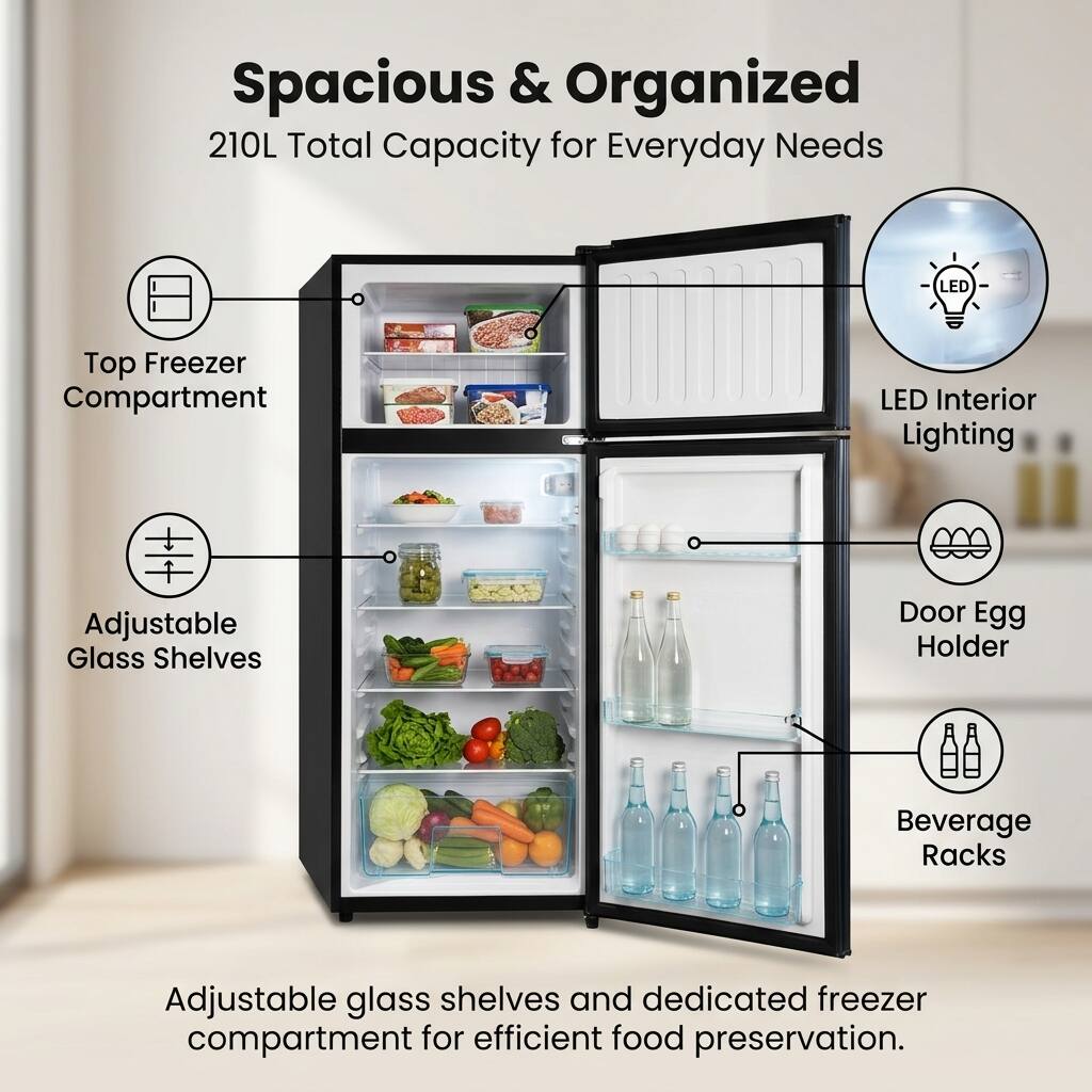Spacious & Organized  
210L Total Capacity for Everyday Needs  

- LED Top Freezer Compartment  
- LED Interior Lighting  
- Adjustable Glass Shelves  
- Door Egg Holder  
- Beverage Racks  

Adjustable glass shelves and dedicated freezer compartment for efficient food preservation.