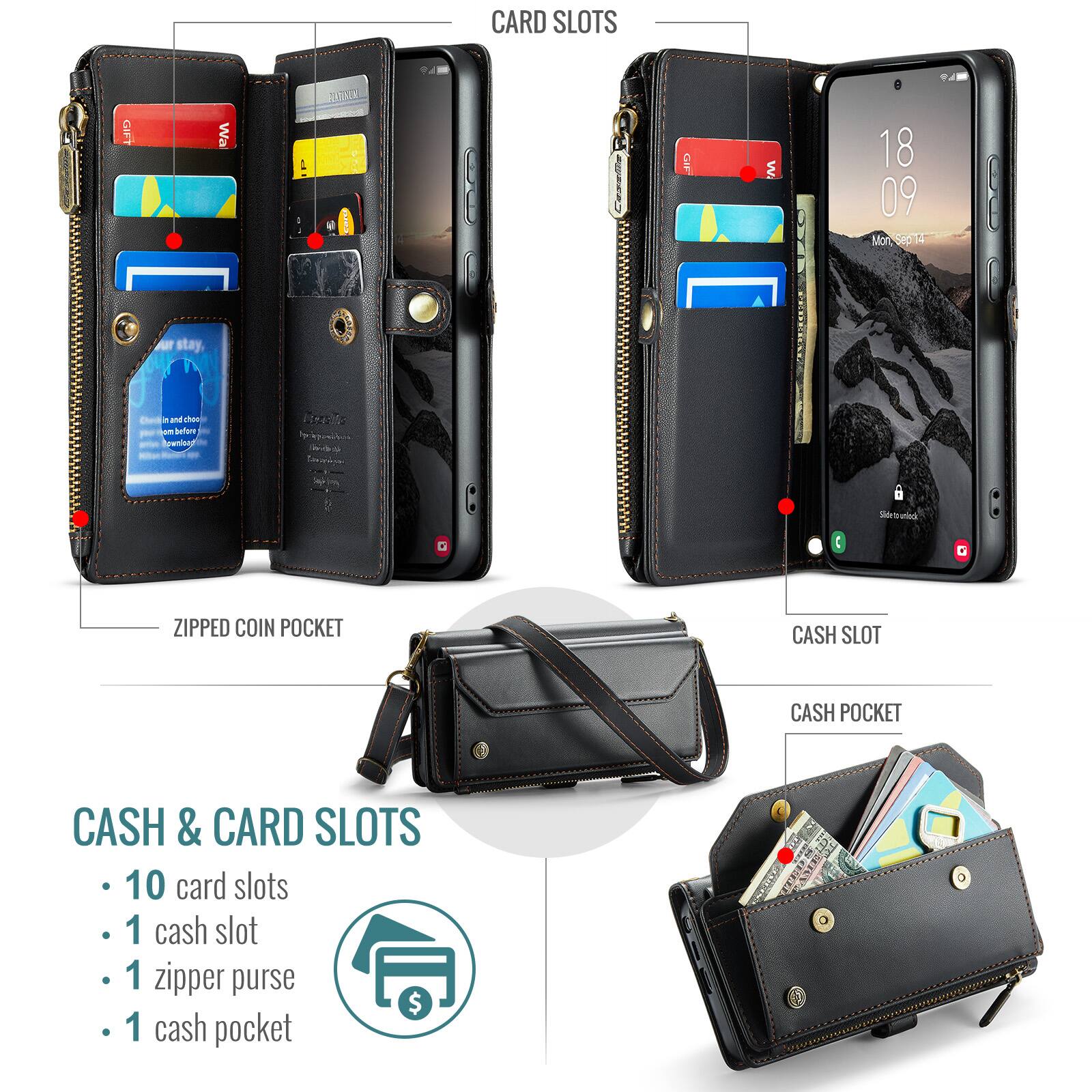CARD SLOTS  
GIFT Wa 1 ISN Copailla i W 18 09 Mor 5IO4 I A stay, 2 - hando sam befune - gwnis Hss I - Sdetratea E G ZIPPED COIN POCKET CASH SLOT CASH POCKET CASH & CARD SLOTS 10 card slots 1 cash slot 1 zipper purse $ 1 cash pocket 3 CAA

CASH & CARD SLOTS  
- 10 card slots  
- 1 cash slot  
- 1 zipper purse  
- 1 cash pocket