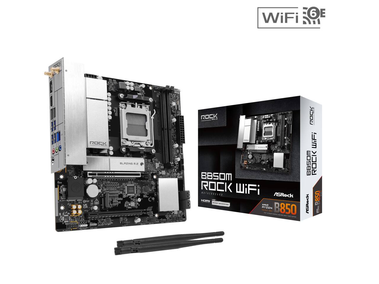 6 E WiFi 6E ROCK -d e 8w K UK CO ELRZINS m EaSOM 200 AC ROCK WiFi BASOM ROCK BBSOM ROCK WiFi NOTHERBOARD ASRock HOMI 850 RYZEN SEcRET AMEO a8s B850 ASRock
