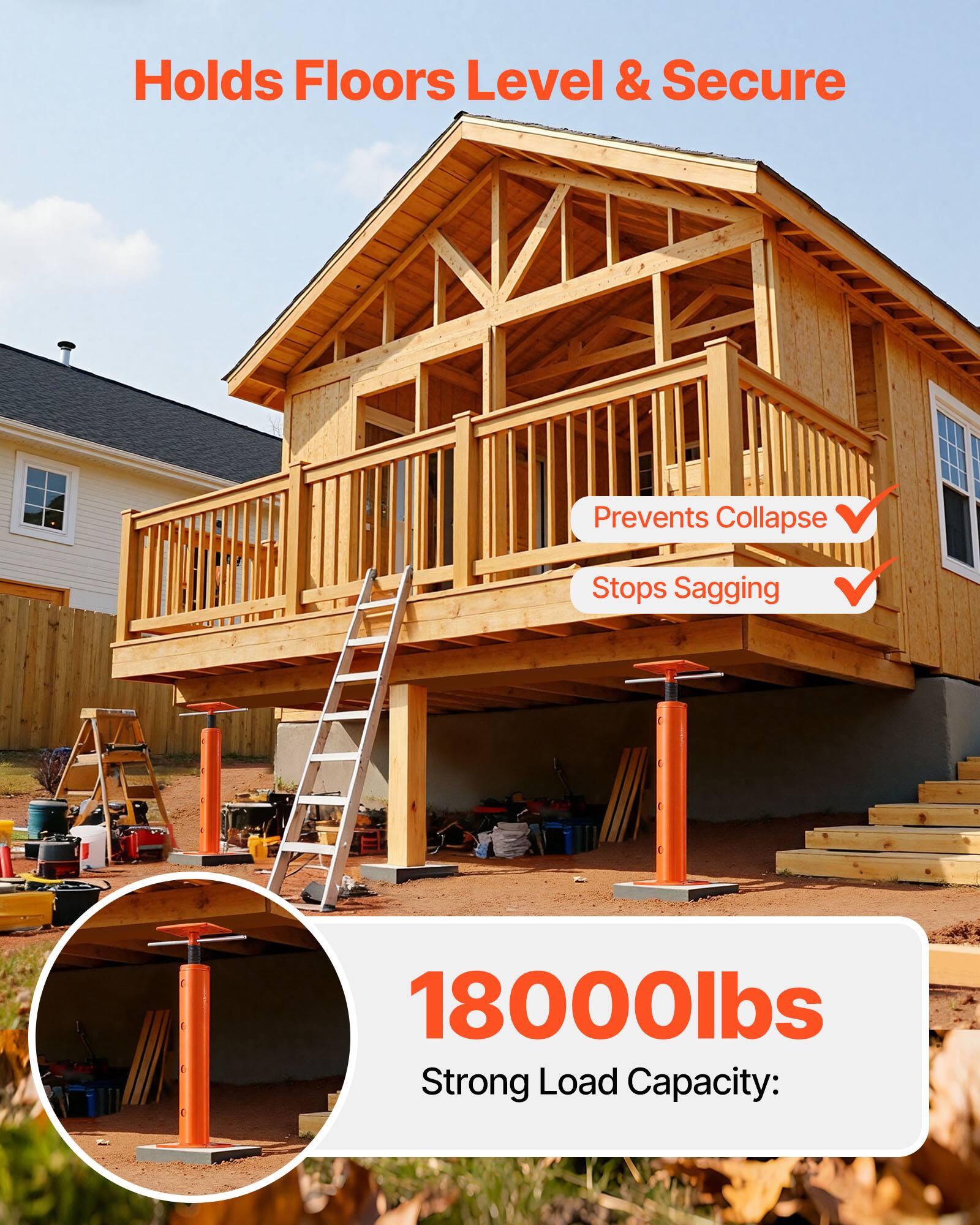 Holds Floors Level & Secure  
Prevents Collapse  
Stops Sagging  
18000lbs Strong Load Capacity
