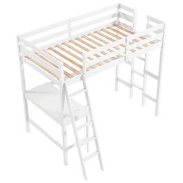 Pefilos - Loft Bed Twin Size, Solid Wood Loft Bed with Desk Angled and Built-in Ladder, Modern Wooden Playhouse Bed Frame - White