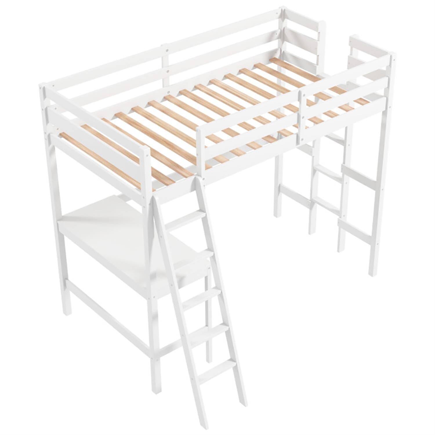 Front. Pefilos - Loft Bed Twin Size, Solid Wood Loft Bed with Desk Angled and Built-in Ladder, Modern Wooden Playhouse Bed Frame, White - White.