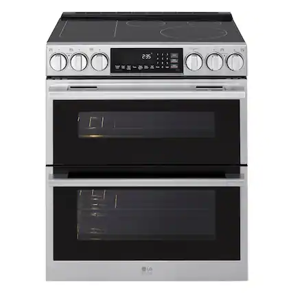 Sure, here is the corrected and grouped text from the image:
**Top Control Panel:**
- Oven Control
- 2:35
- 350°F
- 1 2 3 4 5 6 7 8 9 0
- Bake
- Broil
- Clean
- Timer
- Cancel
- Start
- Light
- Timer
- Timer
- Timer
- LG
- STUDIO
**Oven Door:**
- LG
- STUDIO
**Bottom Oven Door:**
- LG
- STUDIO