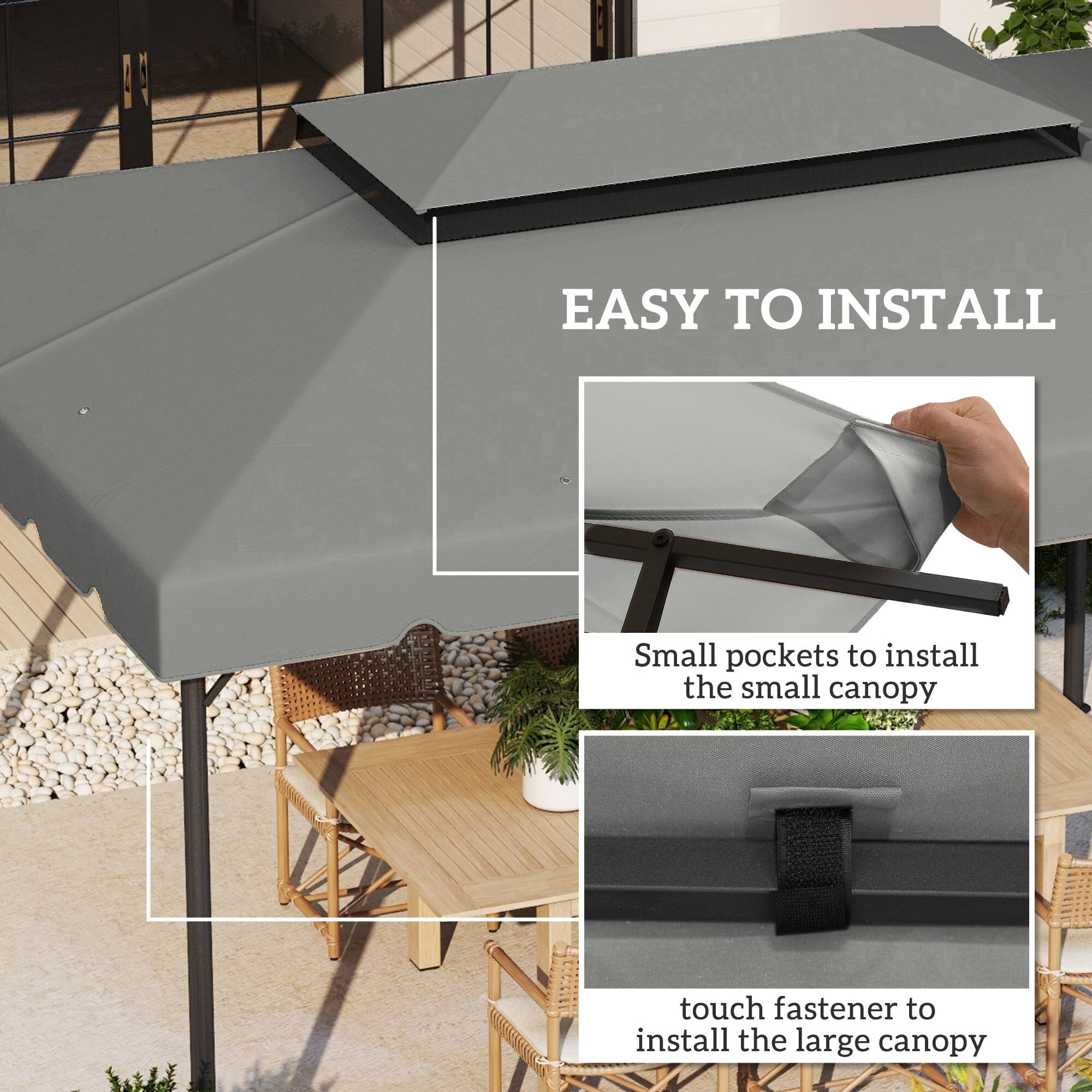 EASY TO INSTALL

Small pockets to install the small canopy

touch fastener to install the large canopy