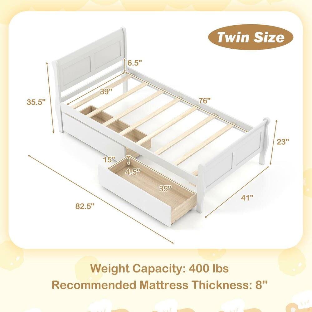 Twin Size  
6.5"  
35.5"  
39"  
76"  
23"  
15"  
4.5"  
82.5"  
35"  
41"  

Weight Capacity: 400 lbs  
Recommended Mattress Thickness: 8"