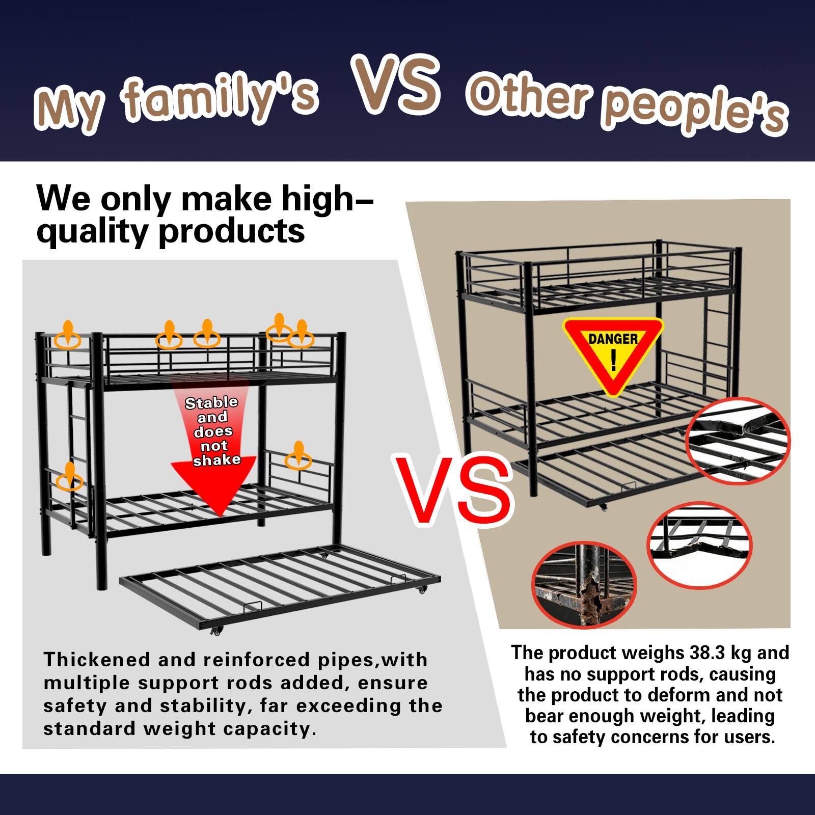 My family's VS Other people's

We only make high-quality products

Stable and does not shake

Thickened and reinforced pipes, with multiple support rods added, ensure safety and stability, far exceeding the standard weight capacity.

The product weighs 38.3 kg and has no support rods, causing the product to deform and not bear enough weight, leading to safety concerns for users.