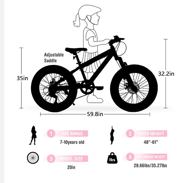 Adjustable Saddle  
35in  
32.2in  
59.8in  

1. AGE RANGE: 7-10 years old  
2. RIDER HEIGHT: 48"-61"  
3. WHEEL SIZE: 20in  
4. NET/GROSS WEIGHT: 28.66lbs/35.27lbs