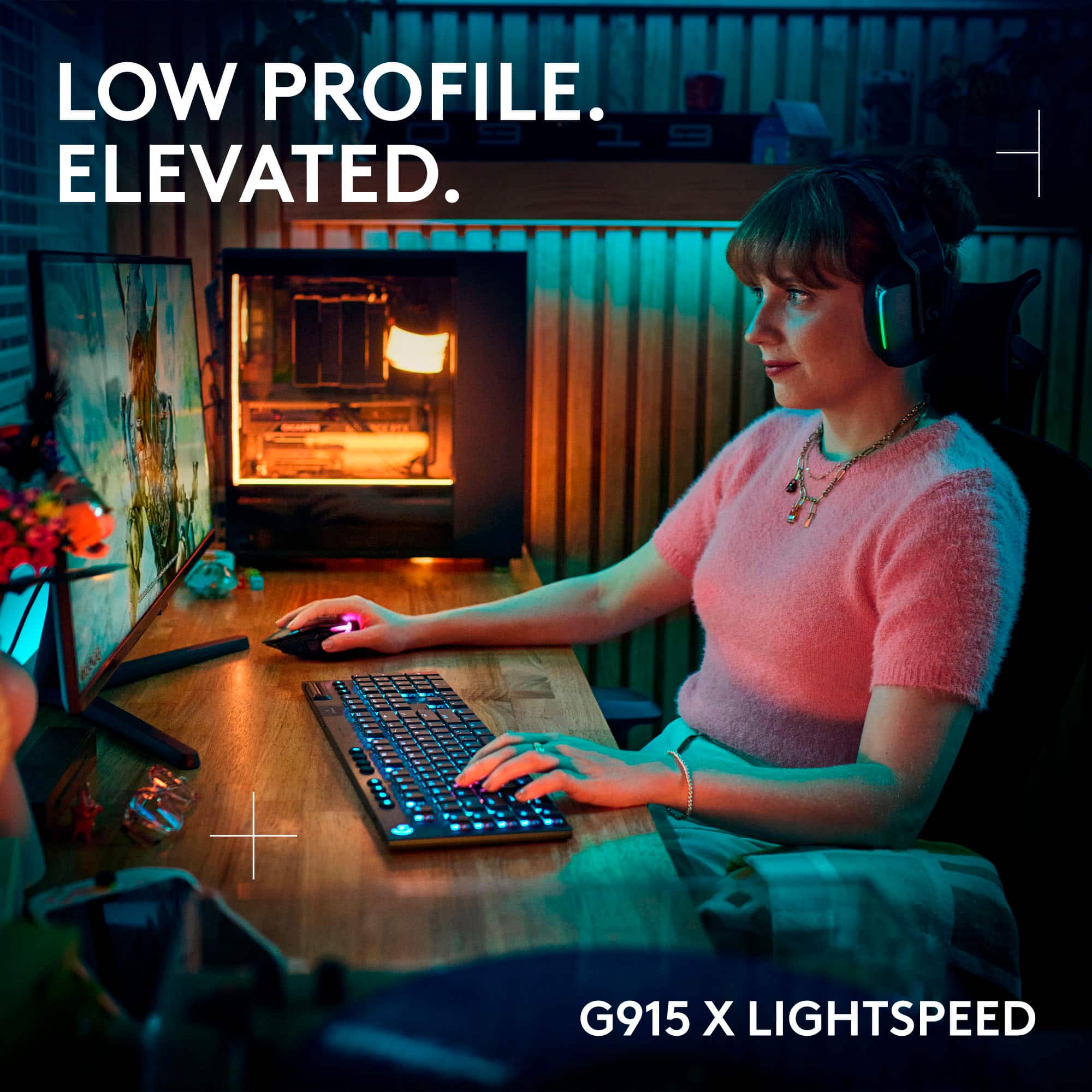 The text on the image is grouped and corrected as follows:
"LOW PROFILE. ELEVATED. - G915 X LIGHTSPEED."