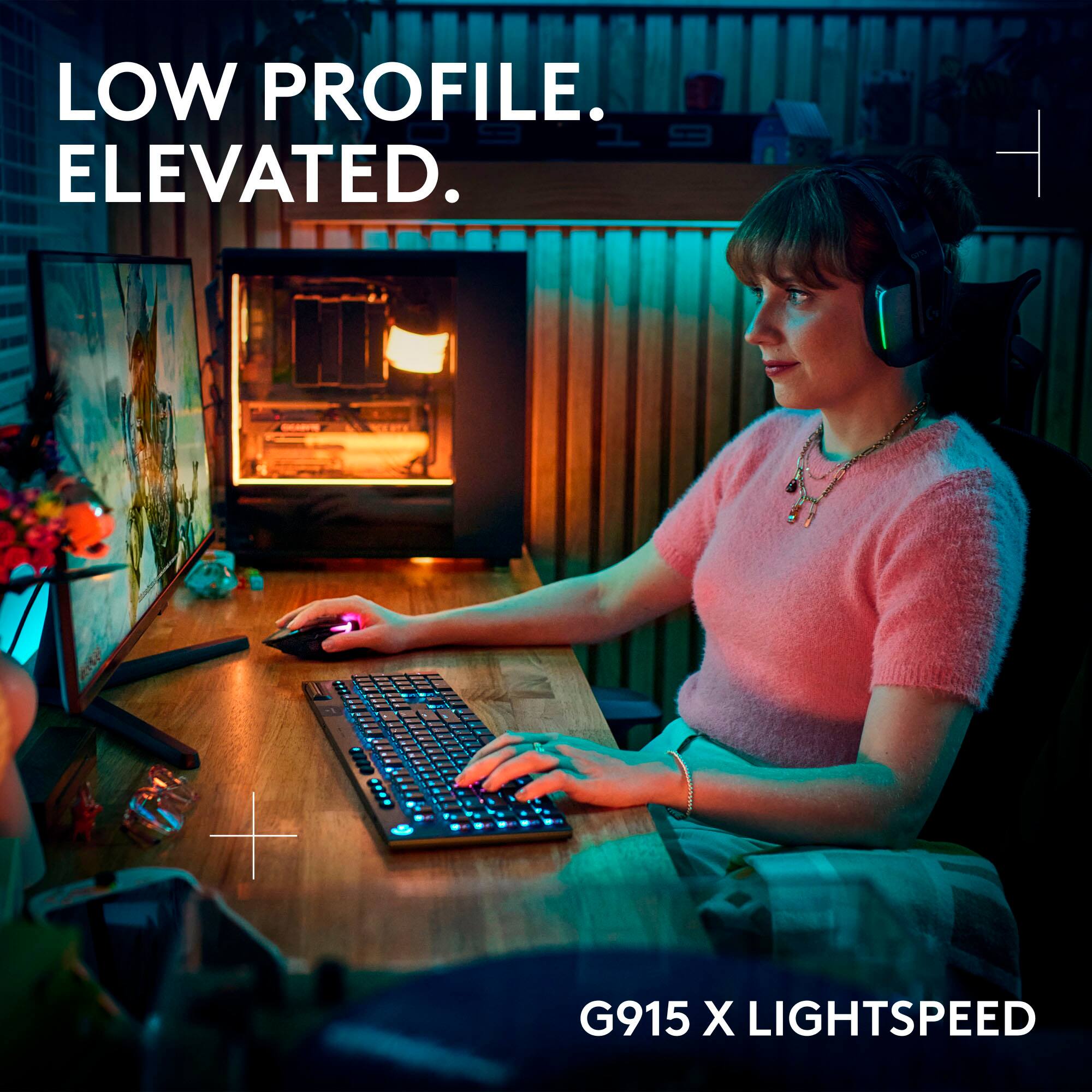 The text on the image is grouped and corrected as follows:

"LOW PROFILE. ELEVATED. - G915 X LIGHTSPEED."