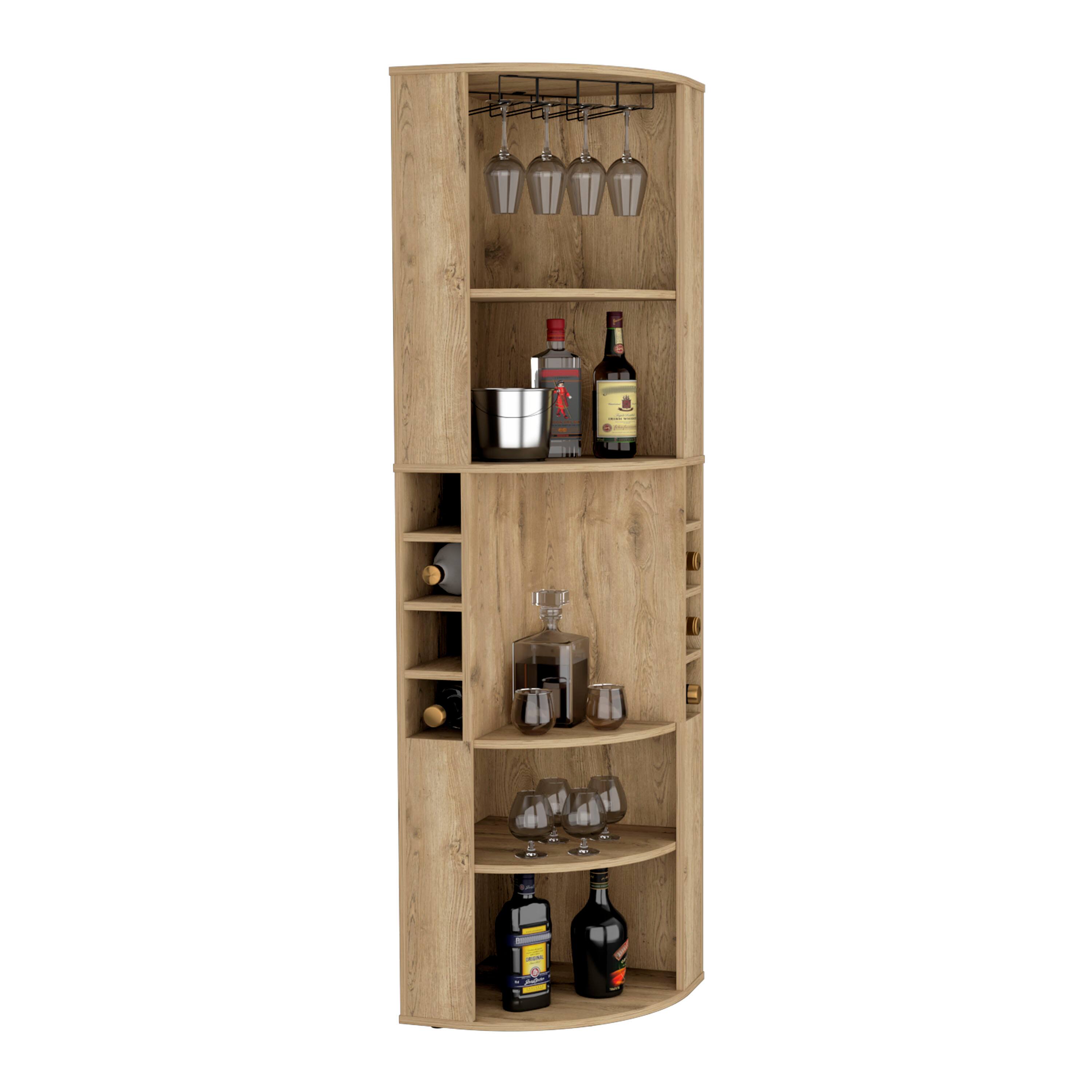 Alt View 2. TuHome - Oban Corner Bar Cabinet with Five Shelves, Eight Bottle Cubbies andSteamware, Bar Room. - Macadamia.