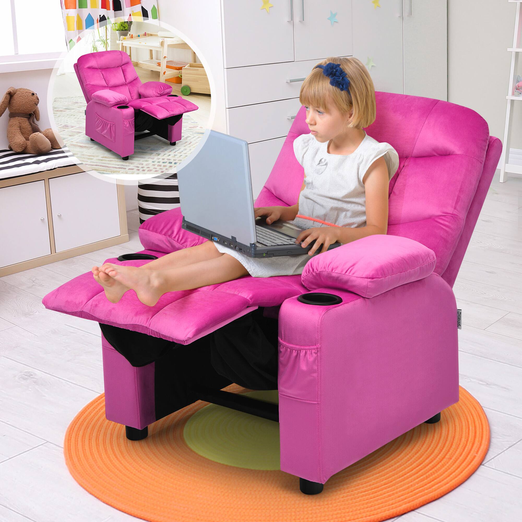 Alt View 2. Gymax - Gymax Kids Youth Recliner Chair Velvet Fabric w/Cup Holder & Side Pocket Pink - Pink.