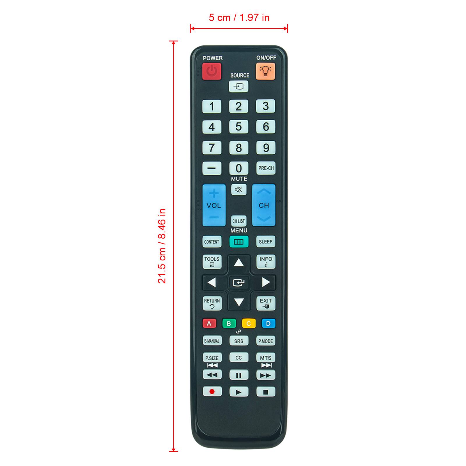 5 cm / 1.97 in

POWER ON/OFF SOURCE

1 2 3
4 5 6
7 8 9
0

VOL
MUTE
CH
CHLIST
MENU

CONTENT
TOOLS
RETURN
EXIT

A B C D

MANUAL
SRS
P.MODE
P.SIZE
CC
MTS

21.5 cm / 8.46 in