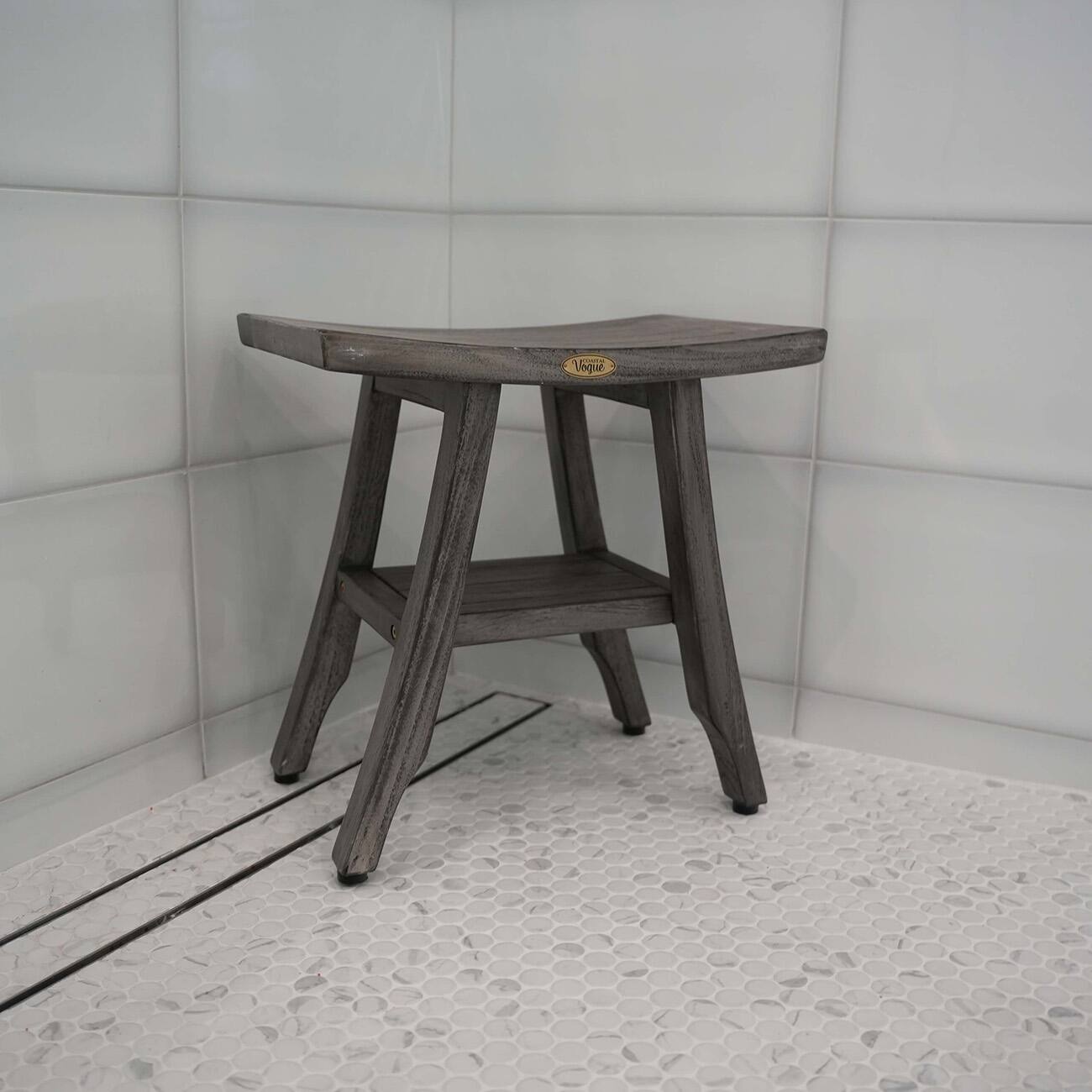 Alt View 1. CoastalVogue - CoastalVogue Satori 18" Teak Wood Shower Bench with Shelf in Antique Gray Finish - Antique Gray.