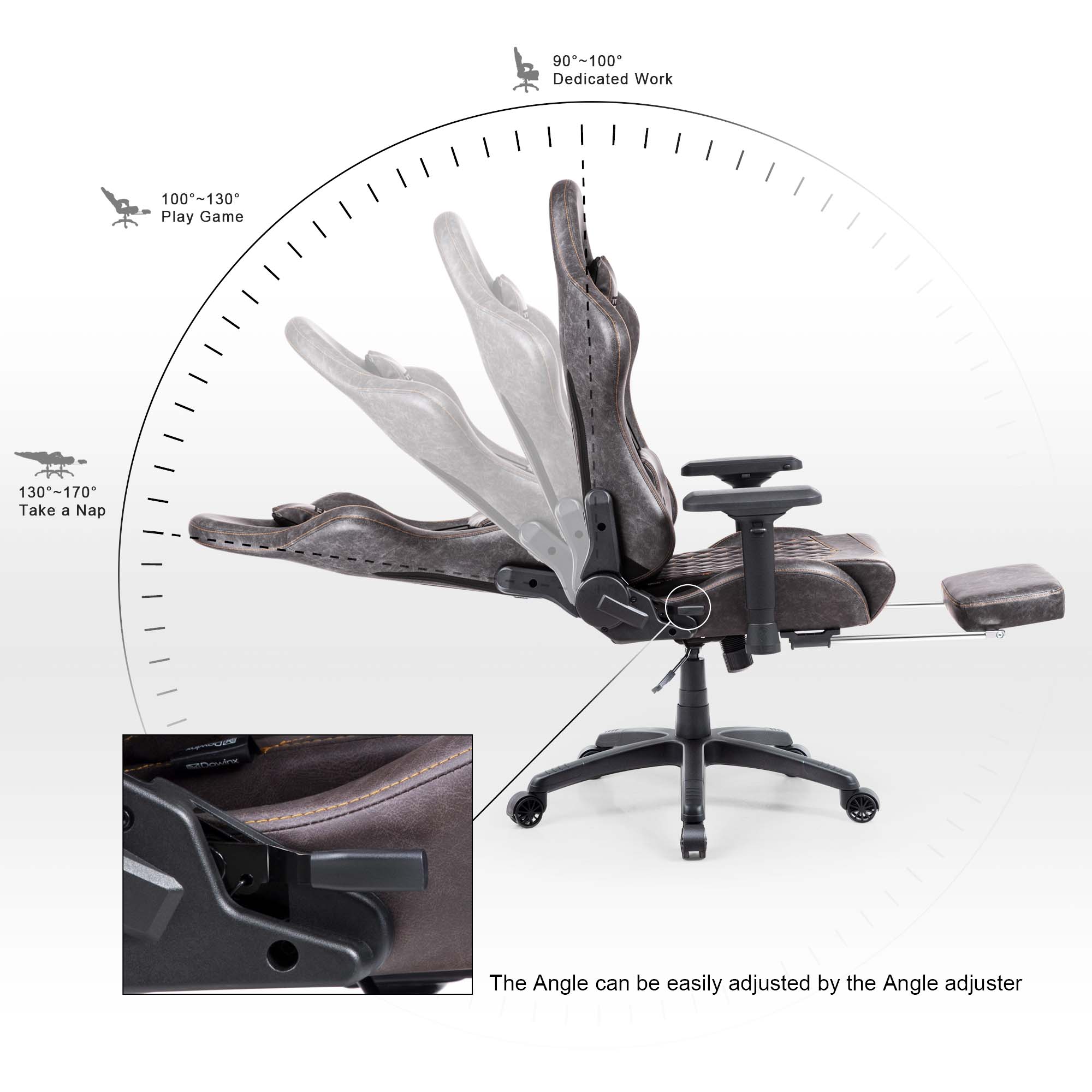 90°~100°: Dedicated Work  
100°~130°: Play Game  
130°~170°: Take a Nap  

The angle can be easily adjusted by the angle adjuster.