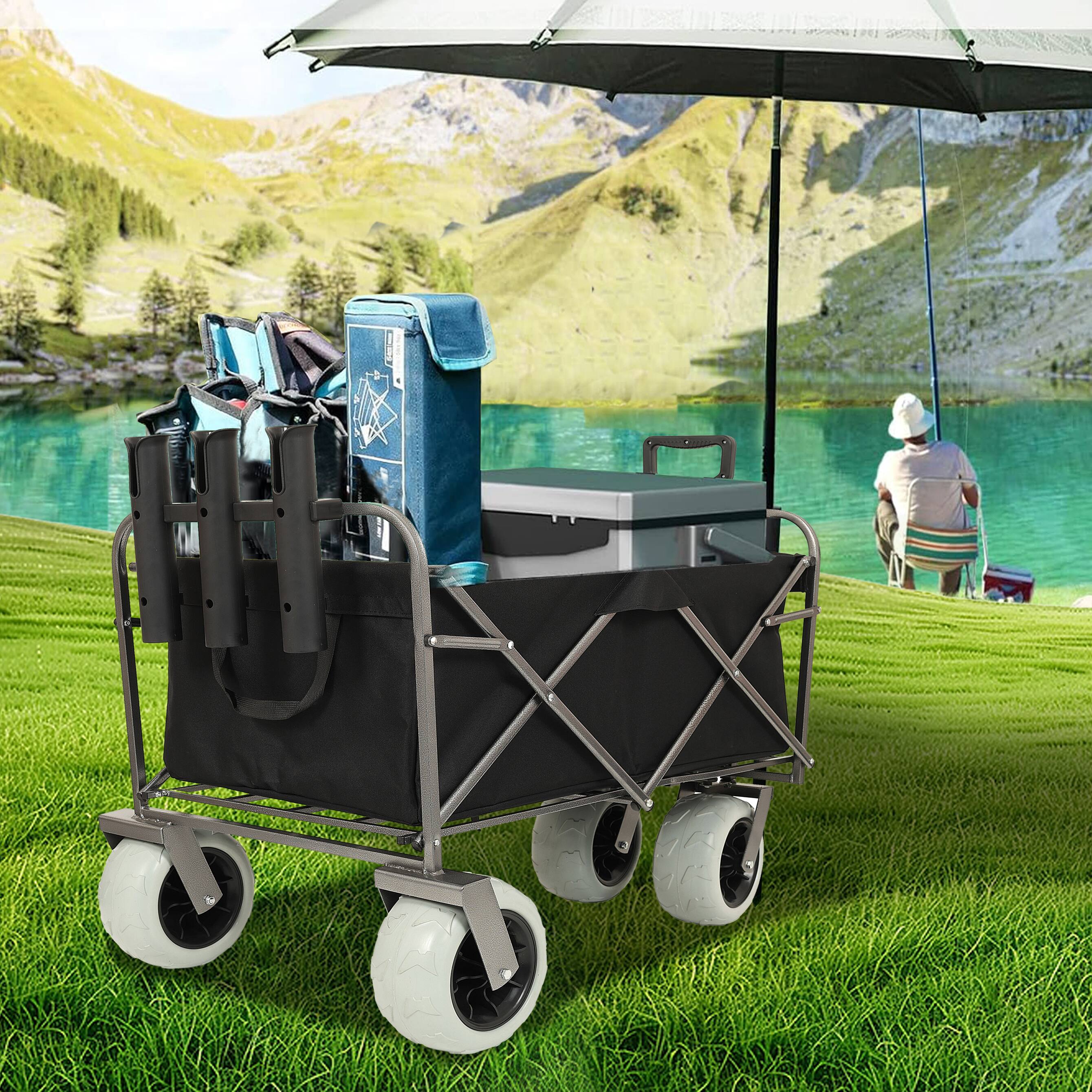 Angle. Mondawe - 500lbs Foldable Steel Wagon Utility Carts w/ Waterproof Fishing Cart with Rod Holders - Black.