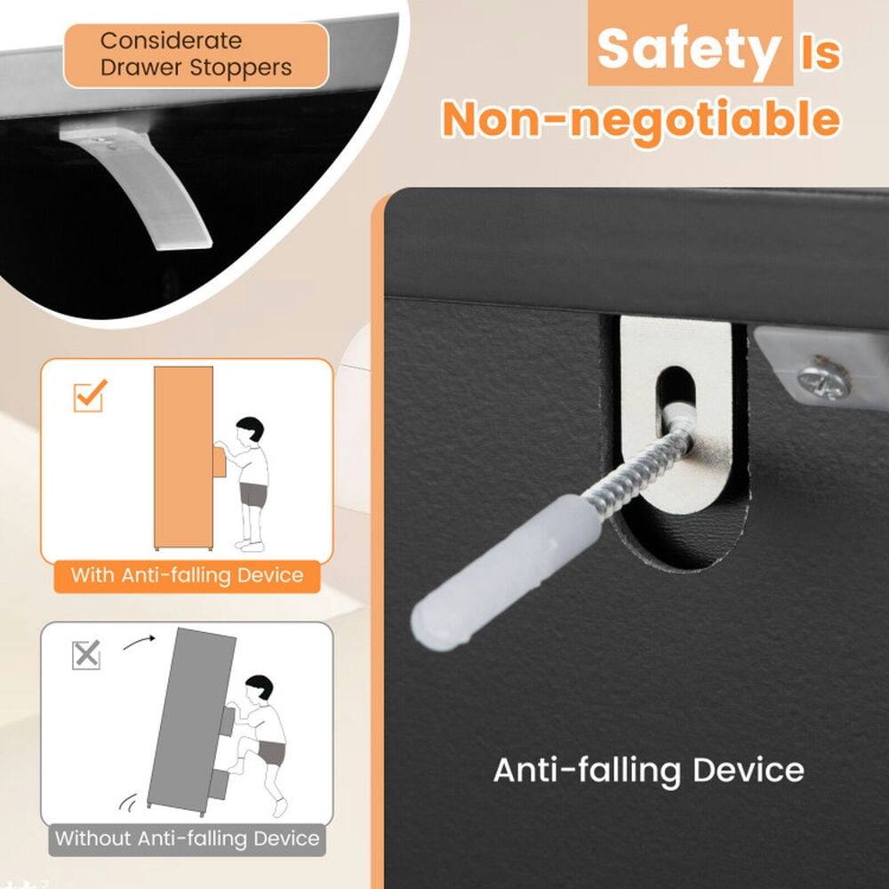 Considerate Drawer Stoppers  
Safety Is Non-negotiable  

With Anti-falling Device  
Without Anti-falling Device  

Anti-falling Device